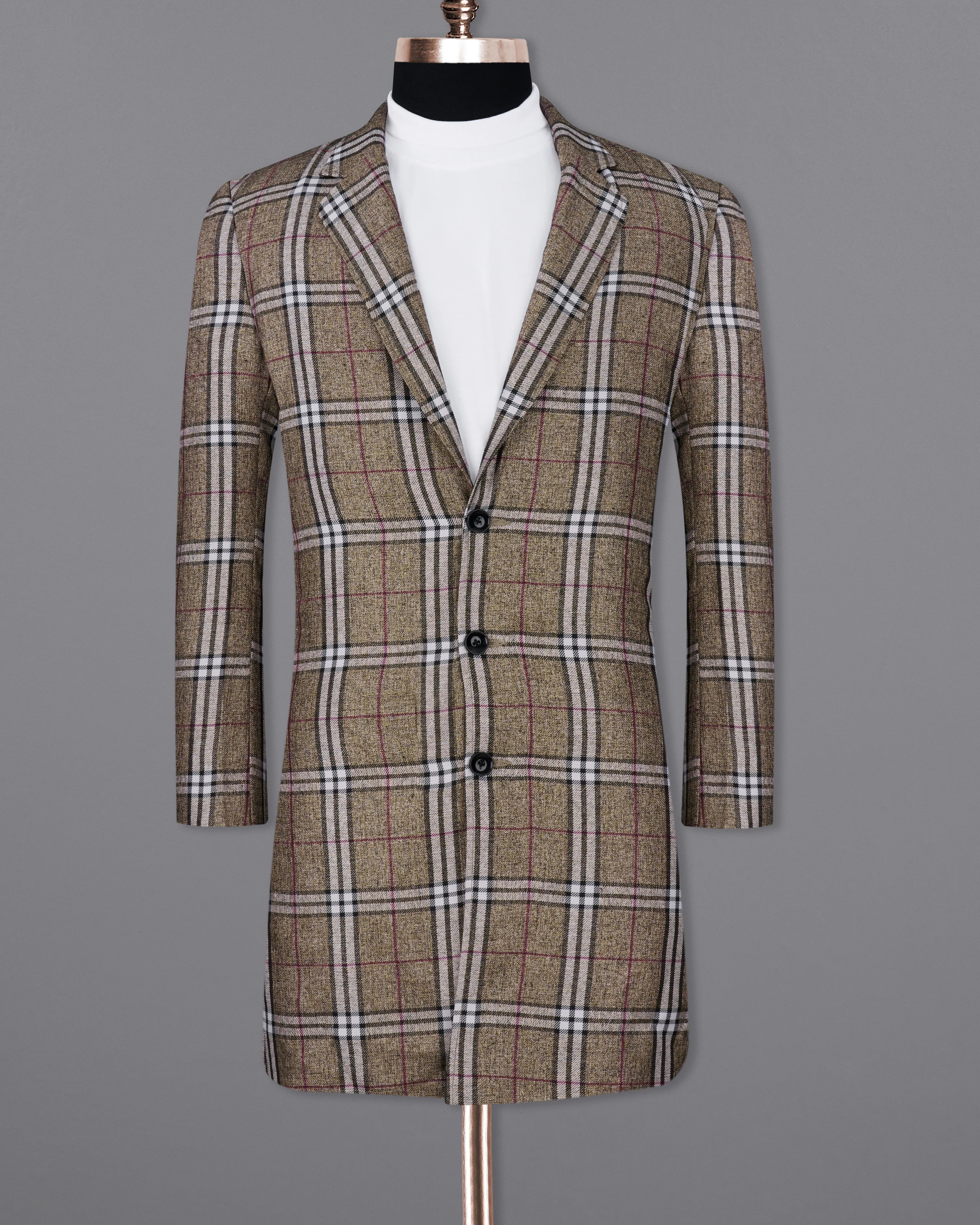 Flax Smoke Brown Plaid Designer Trench Coat