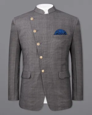 Fuscous Gray Plaid Cross Buttoned Bandhgala Blazer