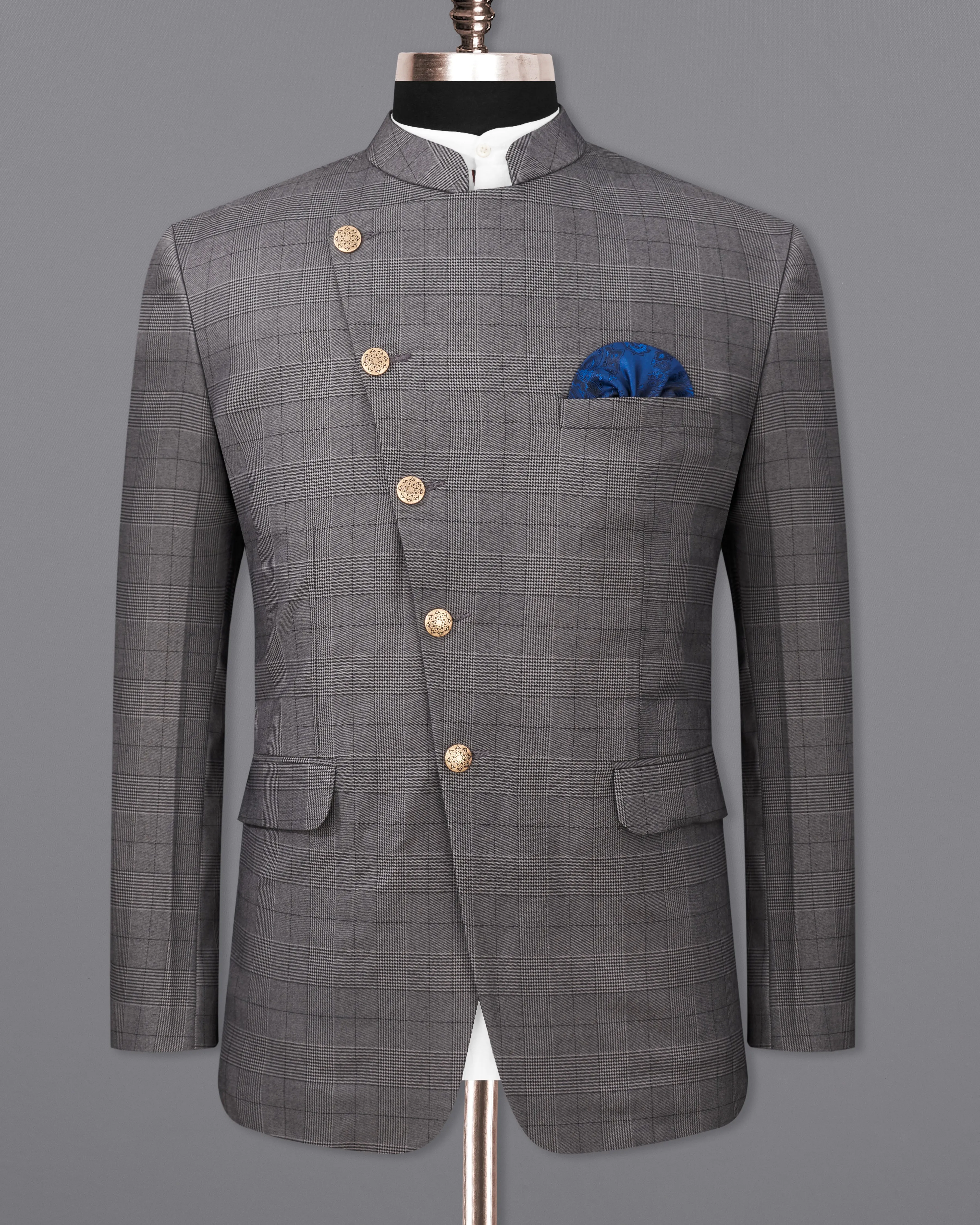 Fuscous Gray Plaid Cross Buttoned Bandhgala Blazer