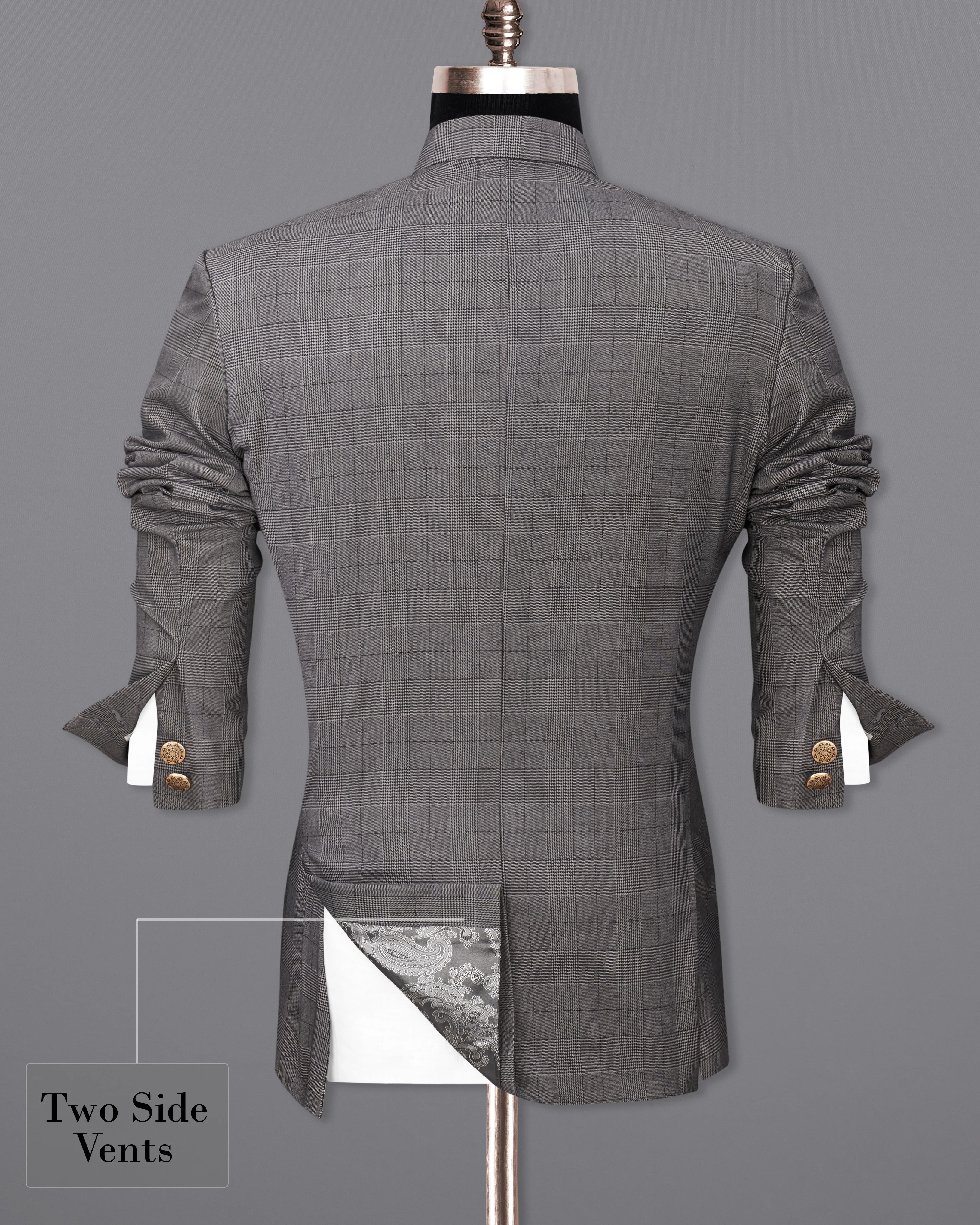 Fuscous Gray Plaid Cross Buttoned Bandhgala Blazer