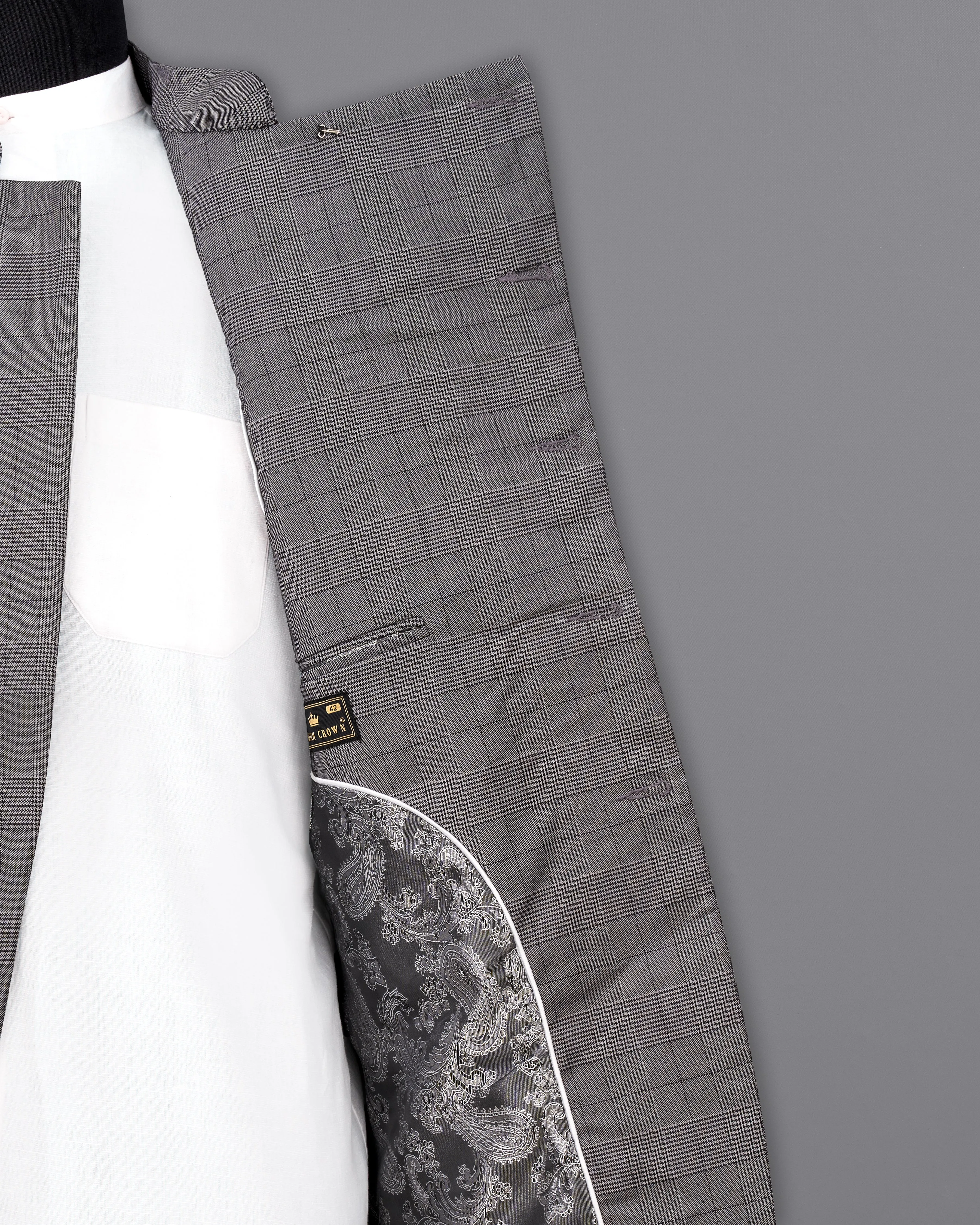 Fuscous Gray Plaid Cross Buttoned Bandhgala Blazer