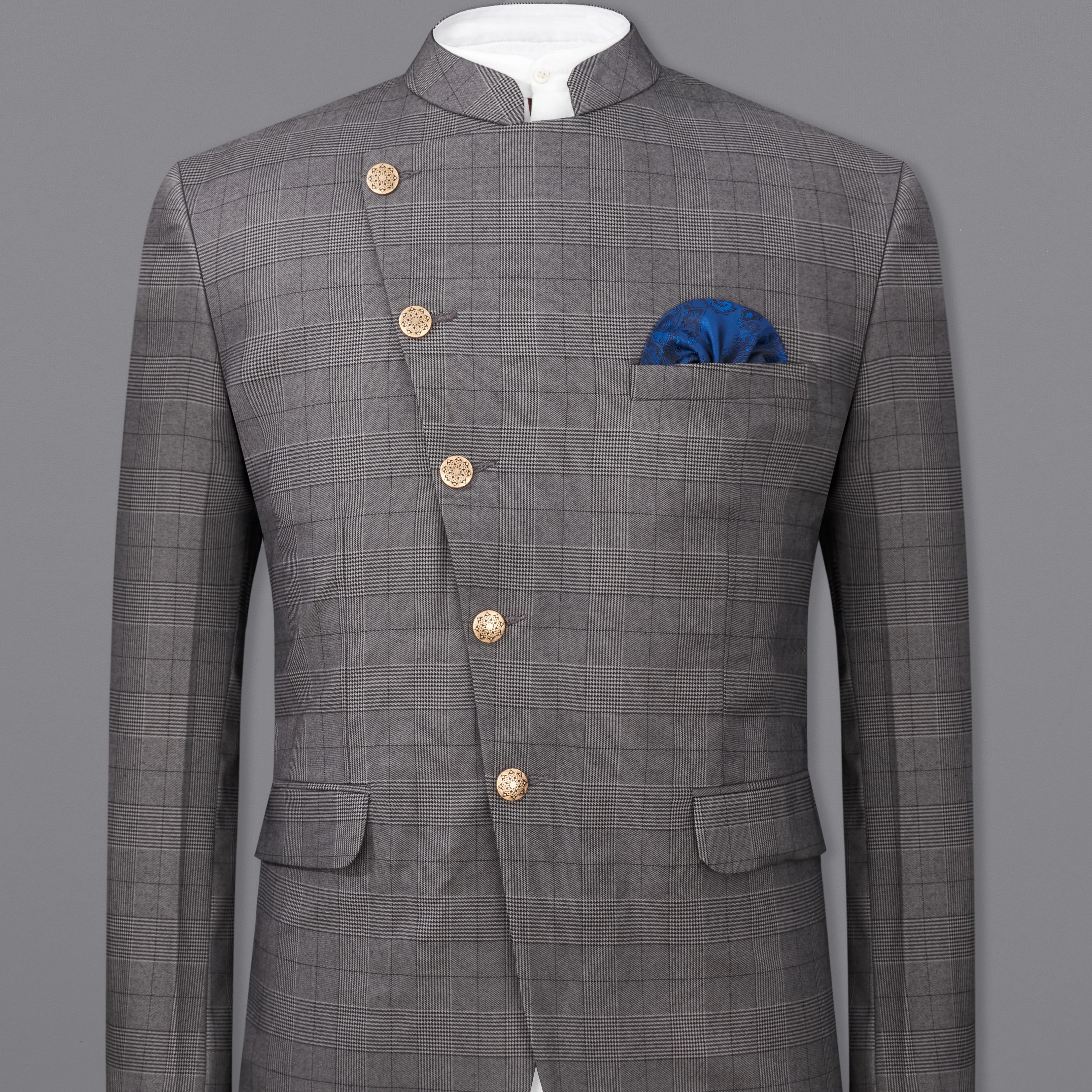 Fuscous Gray Plaid Cross Buttoned Bandhgala Blazer