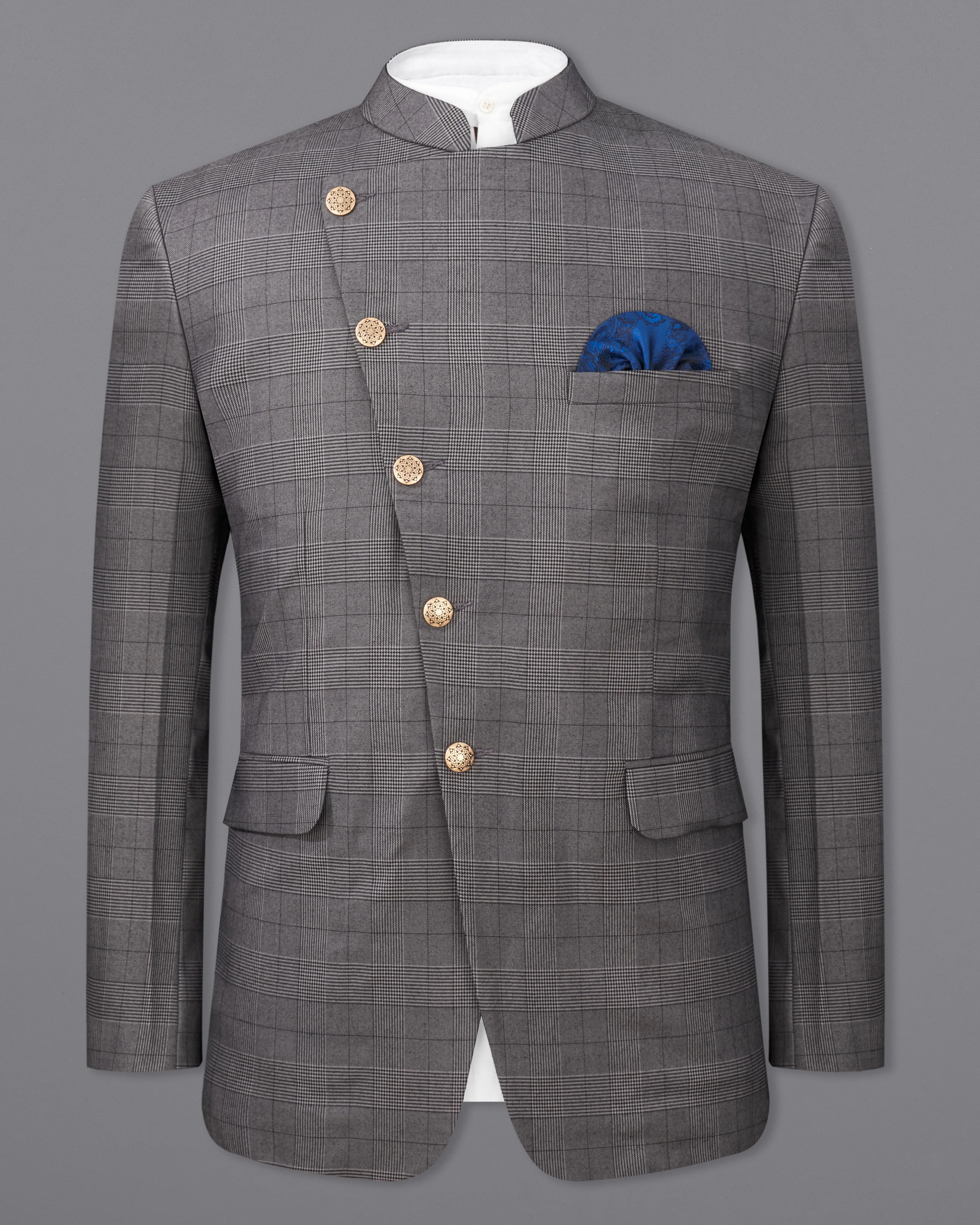 Fuscous Gray Plaid Cross Buttoned Bandhgala Blazer