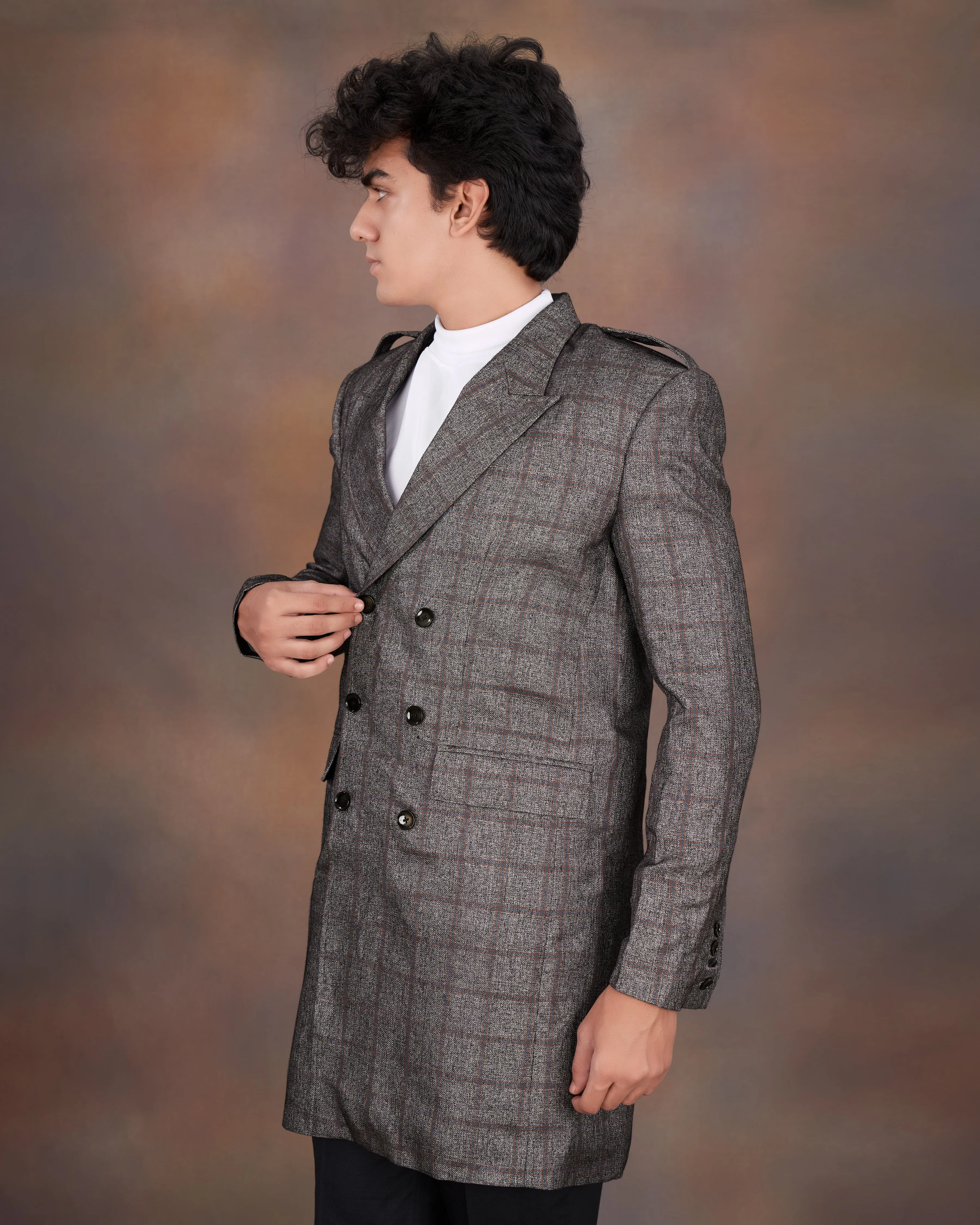Fuscous Gray Windowpane Double Breasted Designer Trench Coat