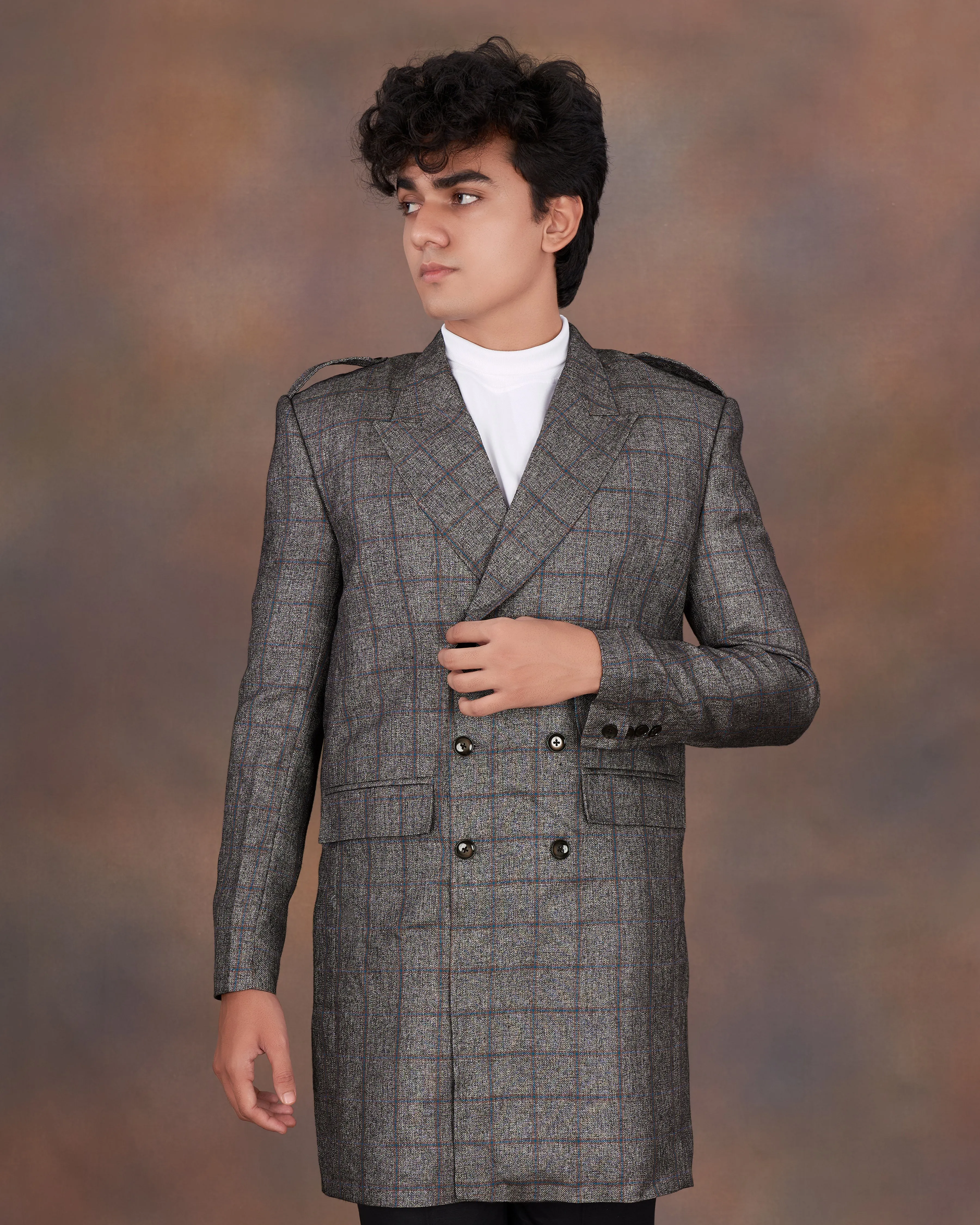 Fuscous Gray Windowpane Double Breasted Designer Trench Coat