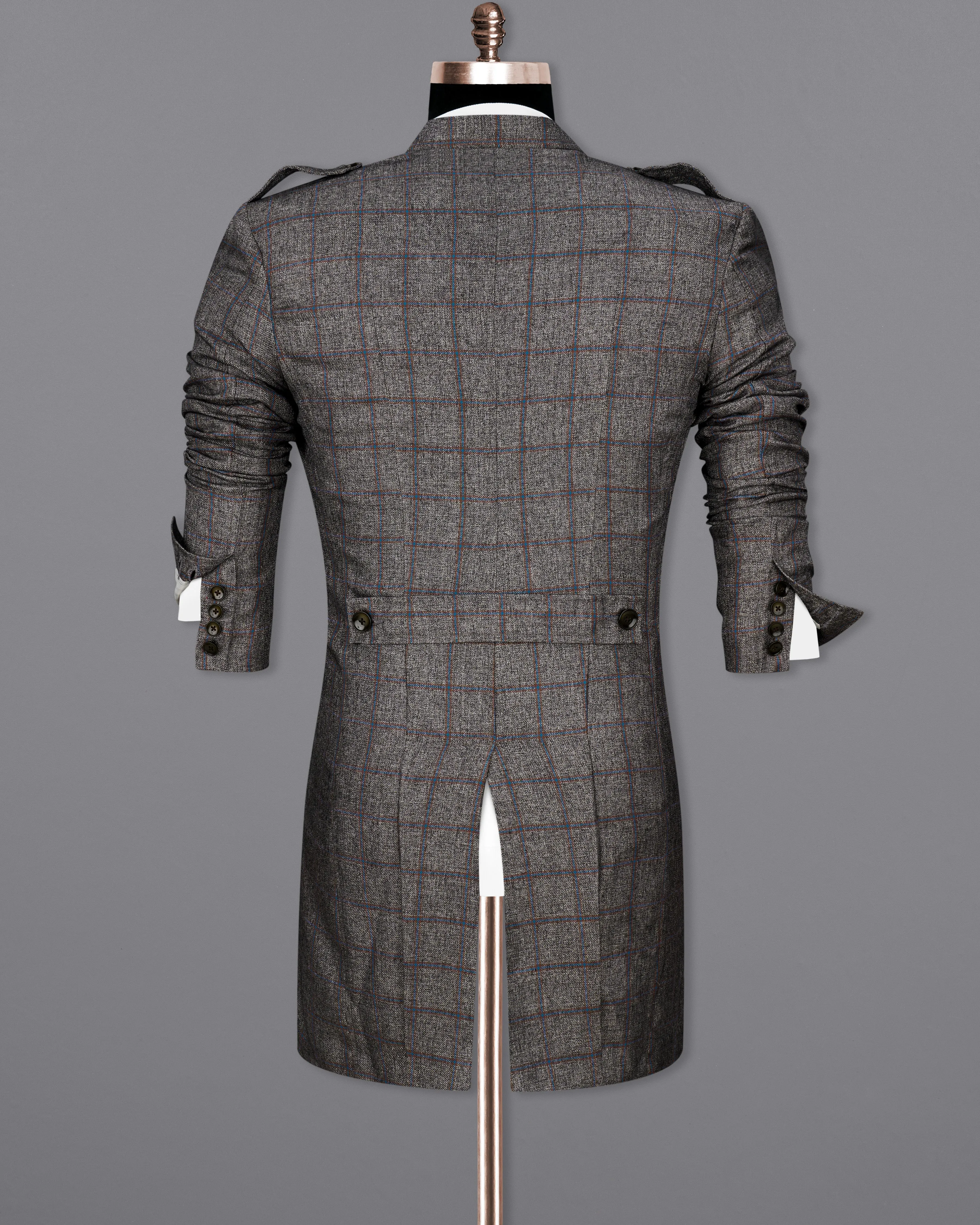 Fuscous Gray Windowpane Double Breasted Designer Trench Coat