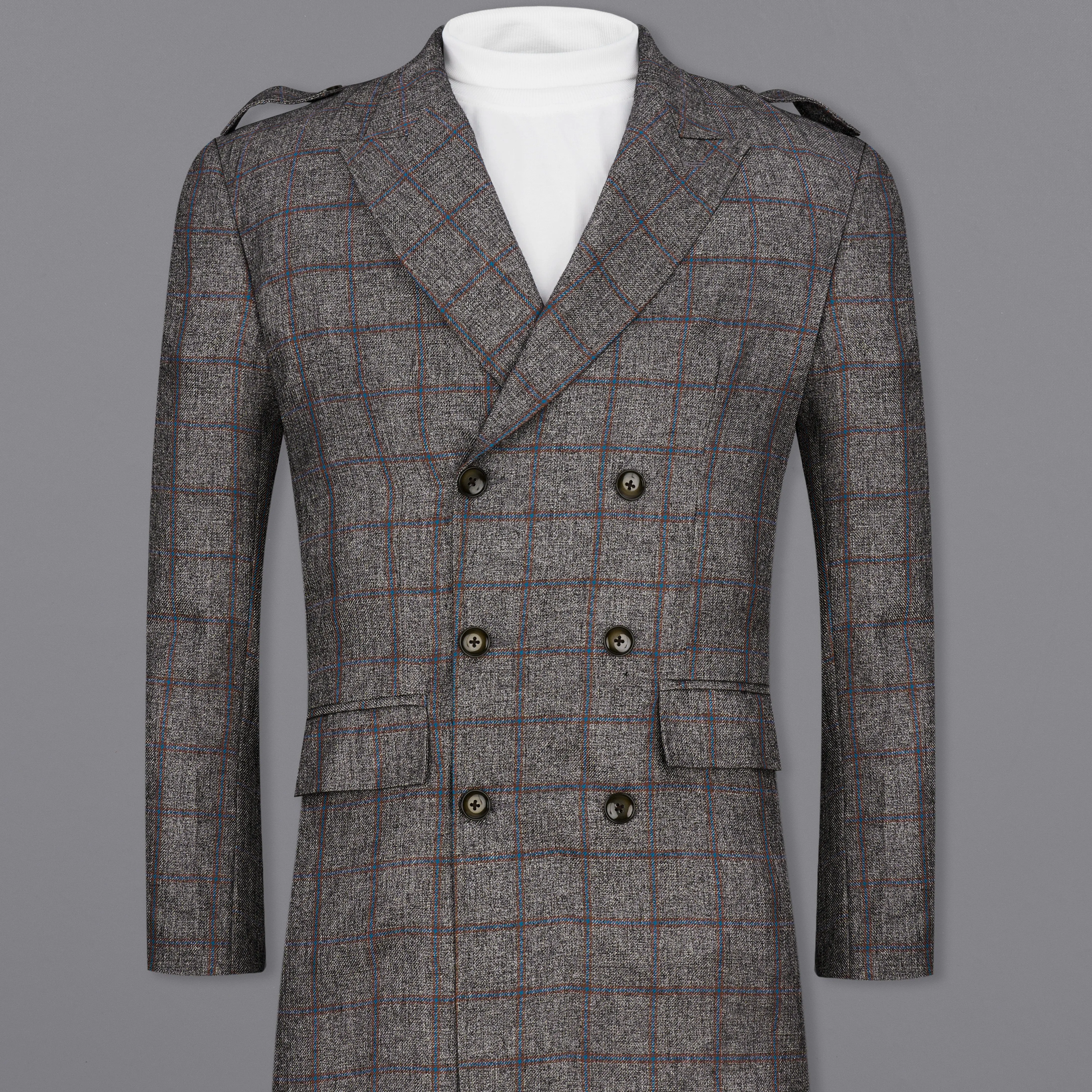Fuscous Gray Windowpane Double Breasted Designer Trench Coat