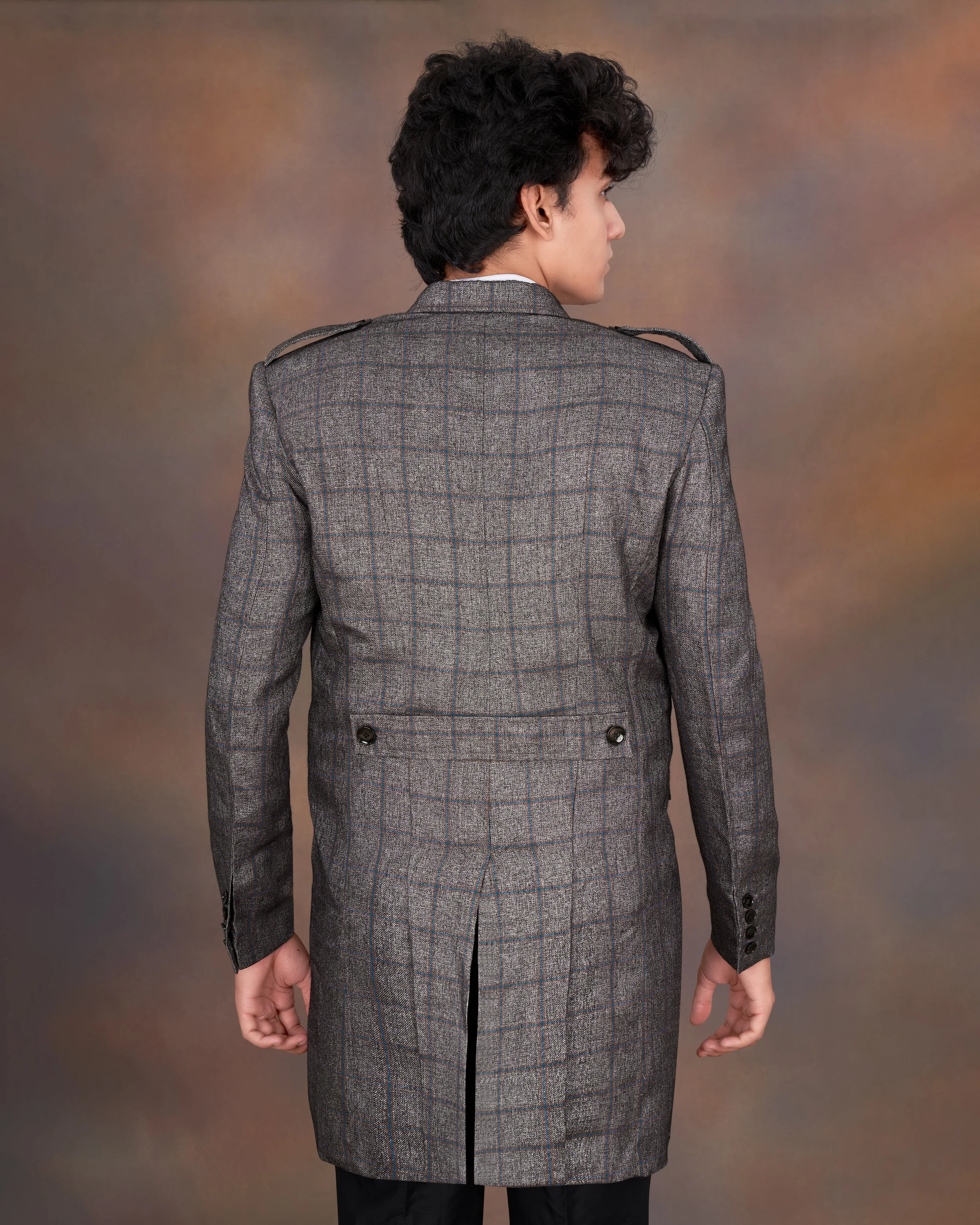 Fuscous Gray Windowpane Double Breasted Designer Trench Coat
