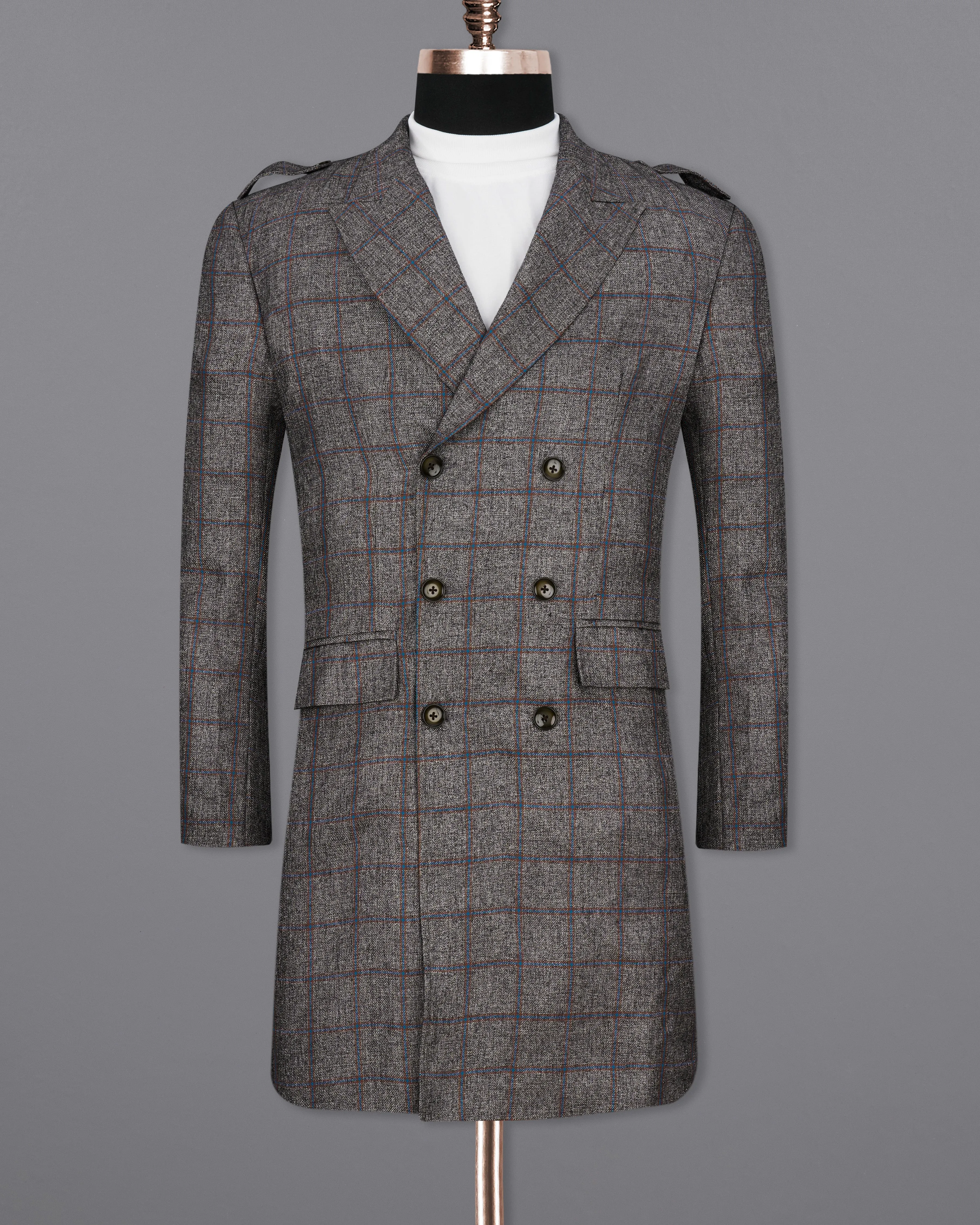 Fuscous Gray Windowpane Double Breasted Designer Trench Coat