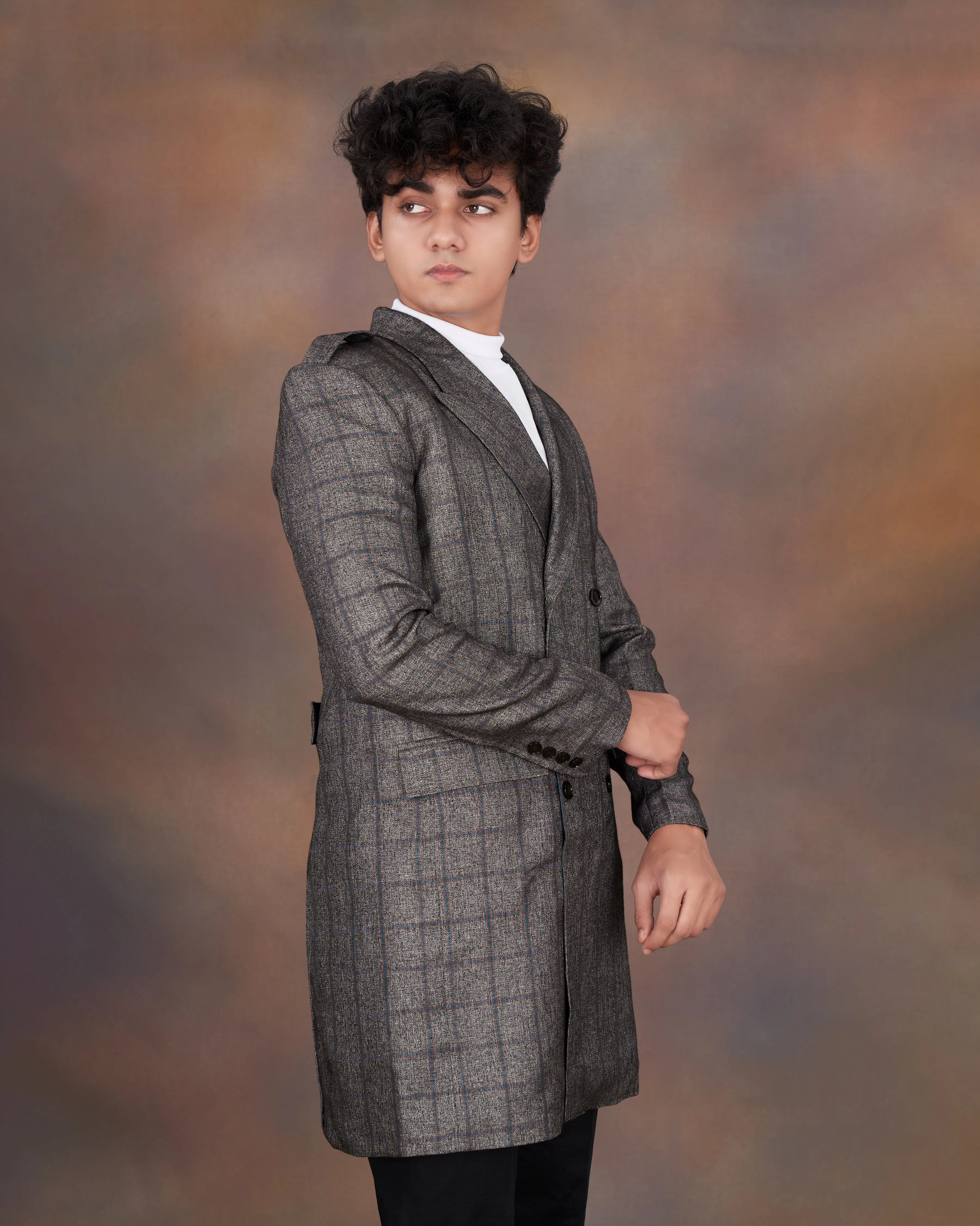 Fuscous Gray Windowpane Double Breasted Designer Trench Coat