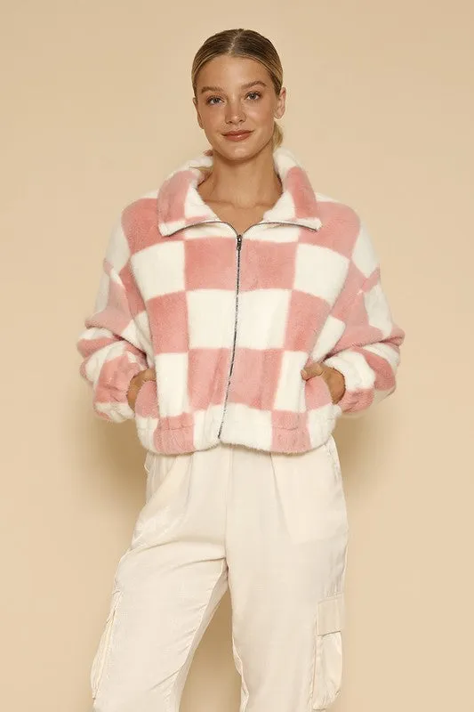 Fuzzy Checkered Zip Front Jacket