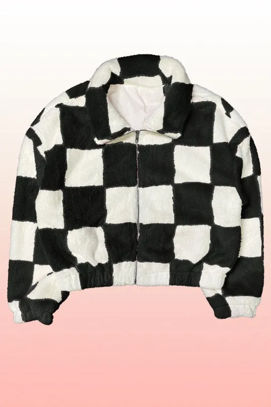 Fuzzy Checkered Zip Front Jacket