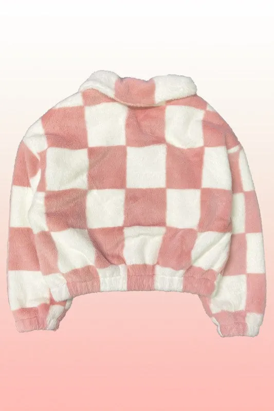 Fuzzy Checkered Zip Front Jacket