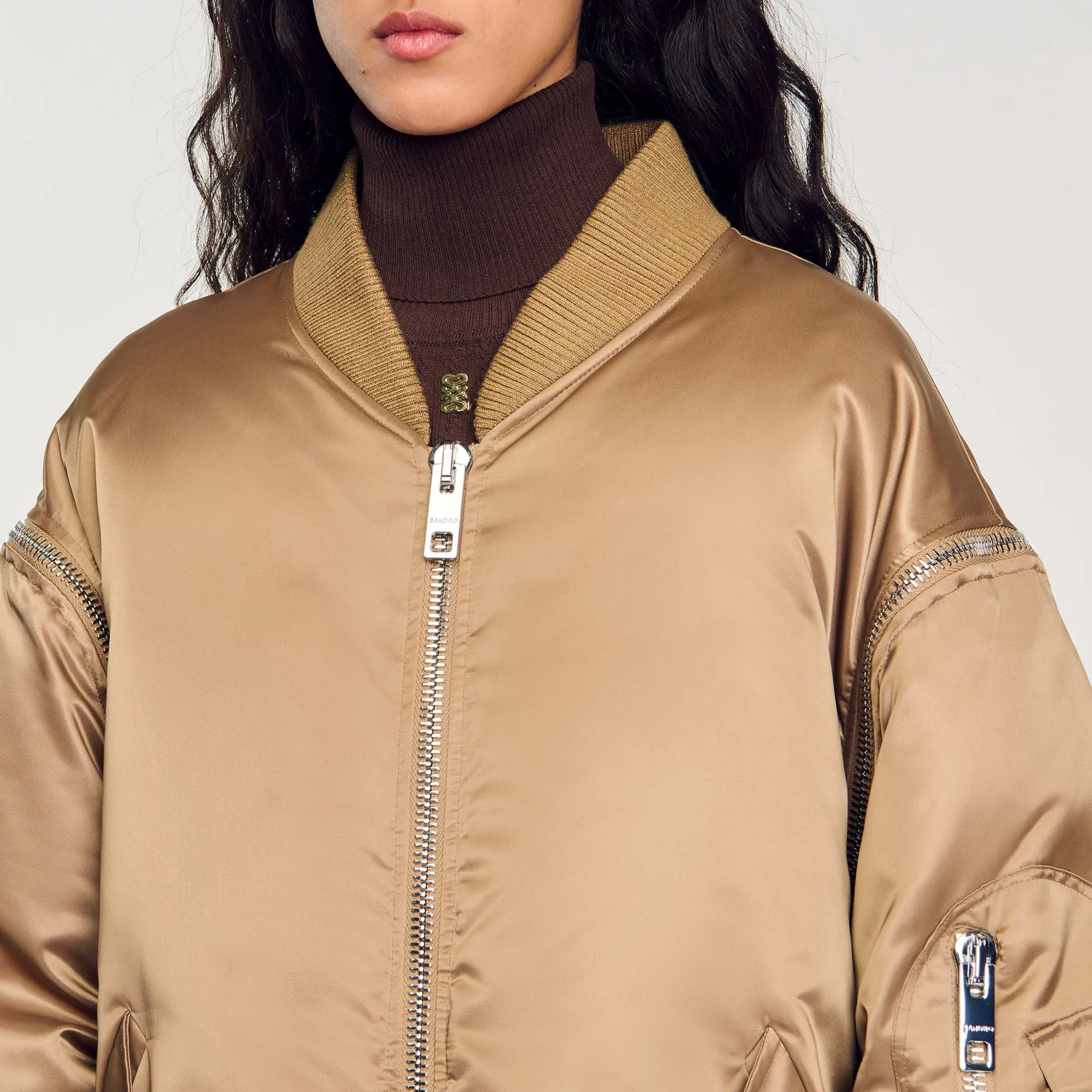 Gaga Satin-Look Bomber Jacket Beige