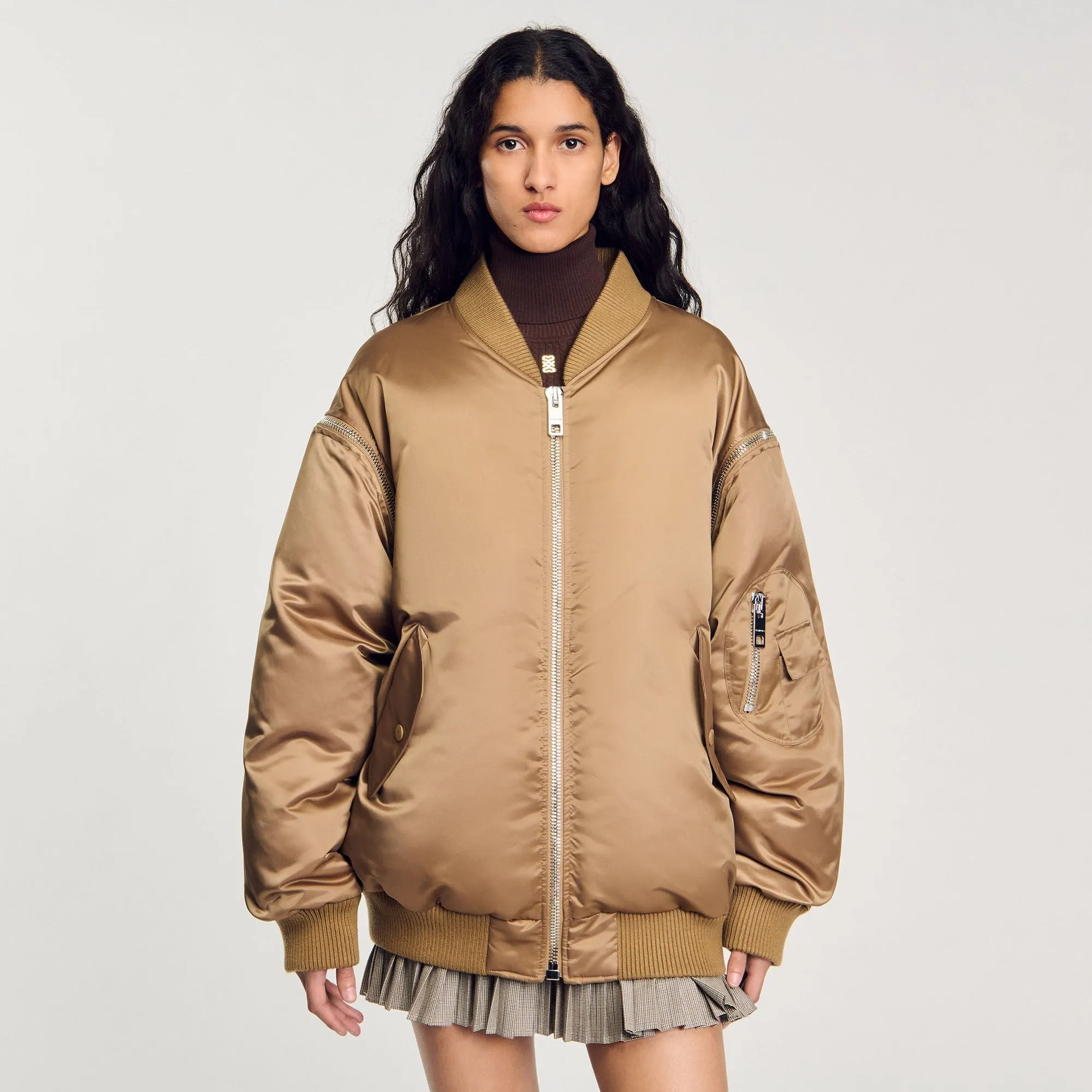 Gaga Satin-Look Bomber Jacket Beige