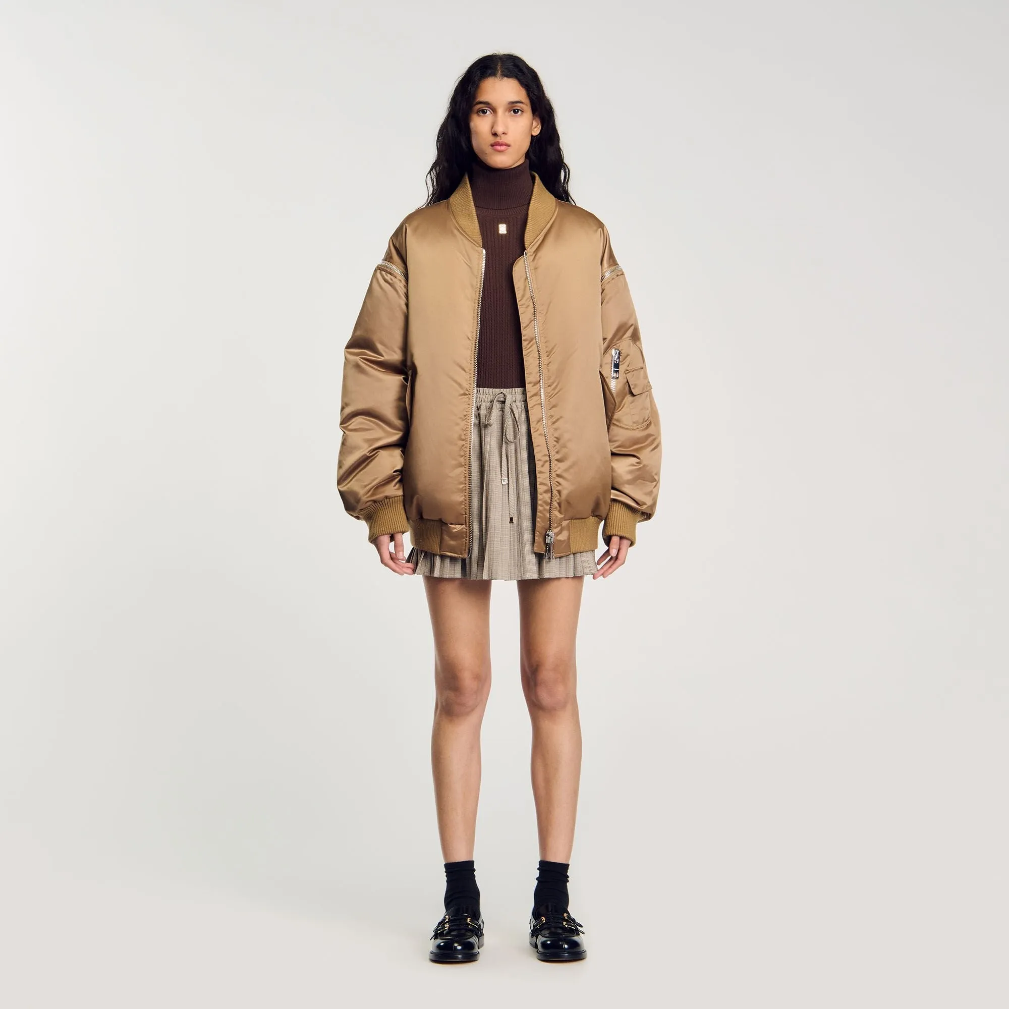 Gaga Satin-Look Bomber Jacket Beige