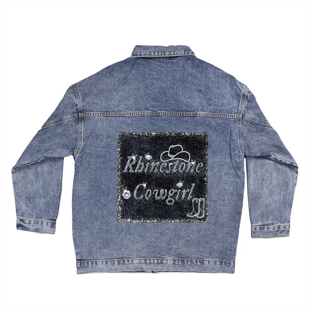 Glittery Rhinestone Cowgirl Oversized Women's DTG Denim Jacket