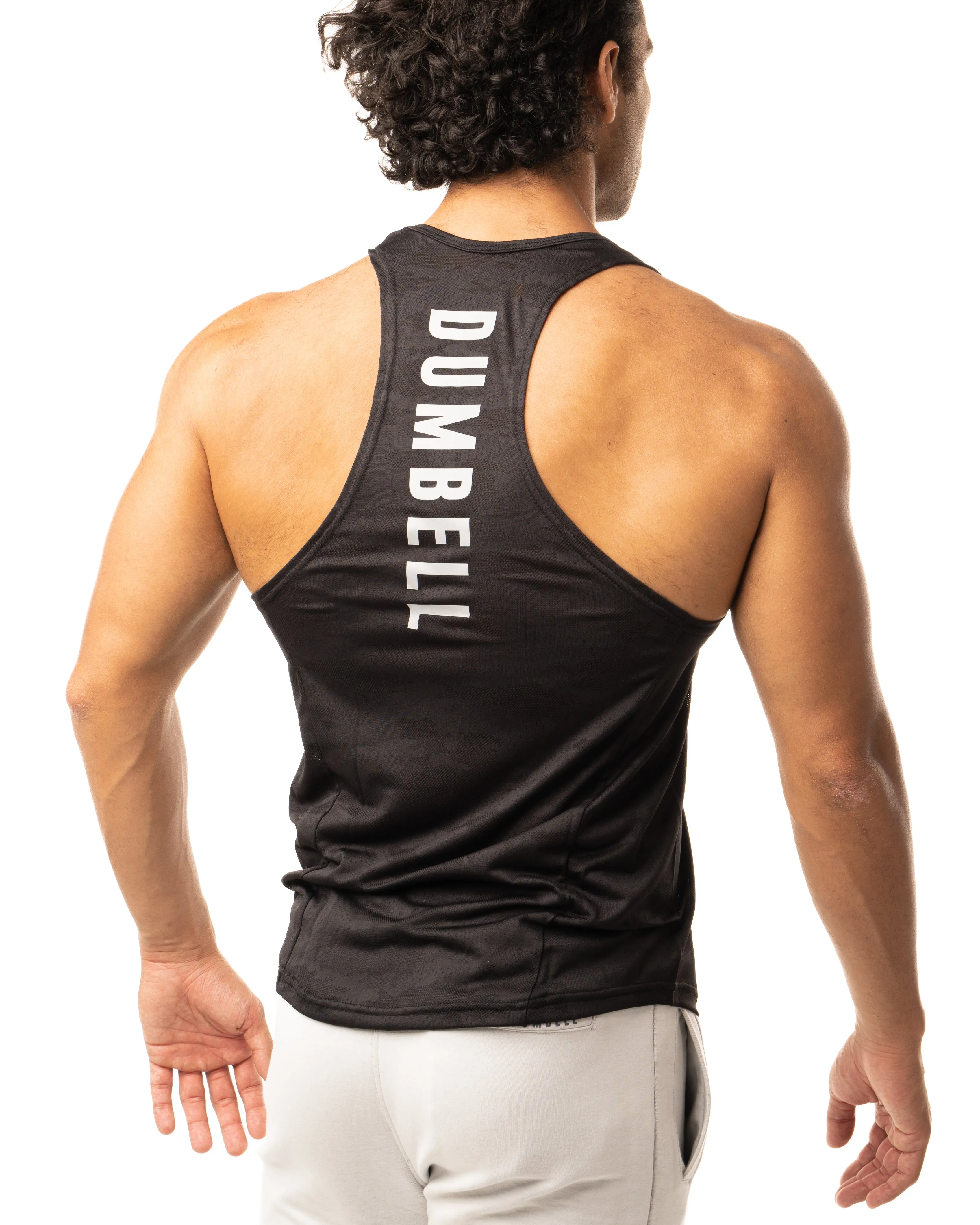 Graphite Black Print-work Men's Athletic Tanks by Dumbell Wear