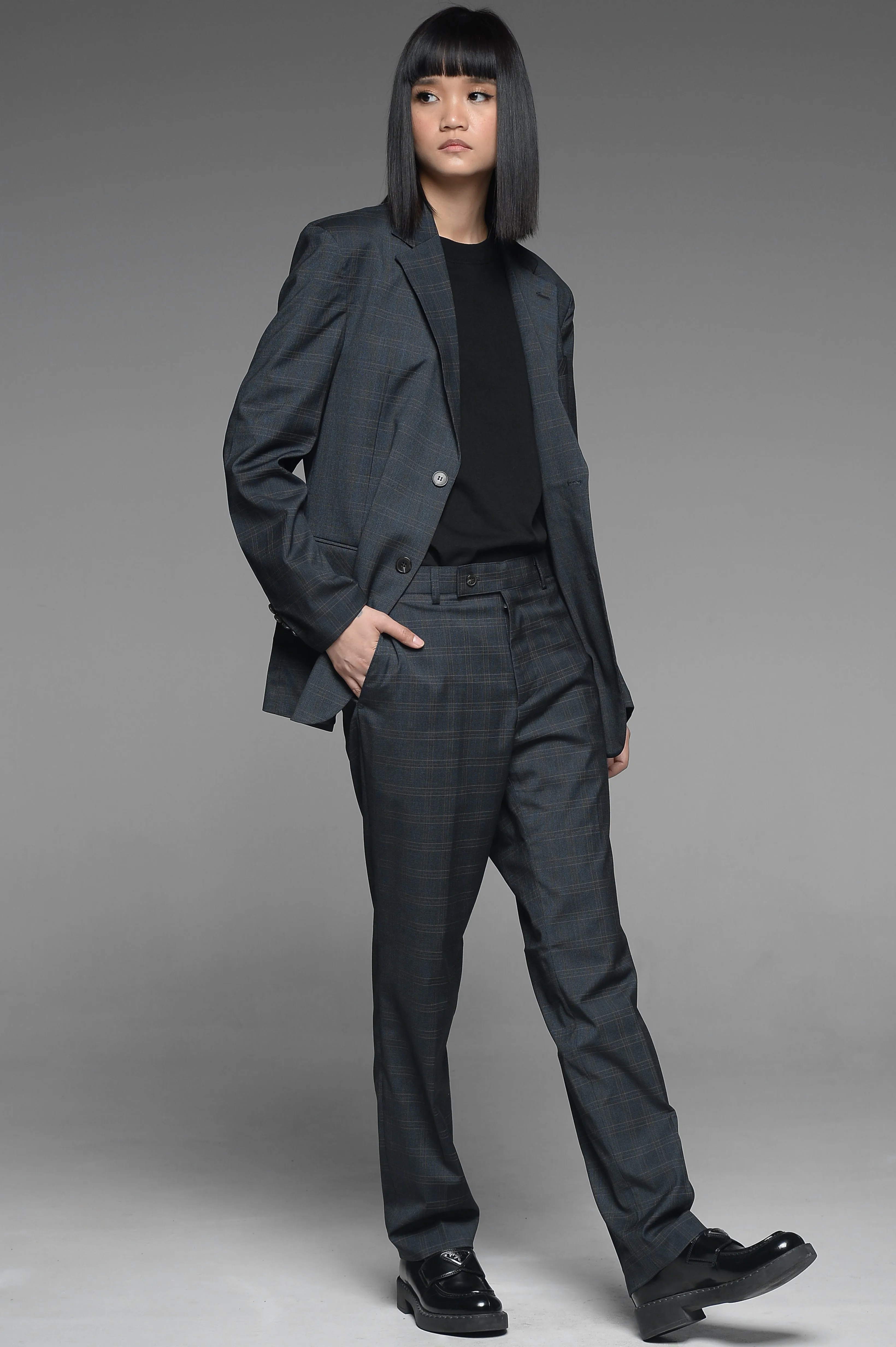 Gray Blue Checkered Suit Set