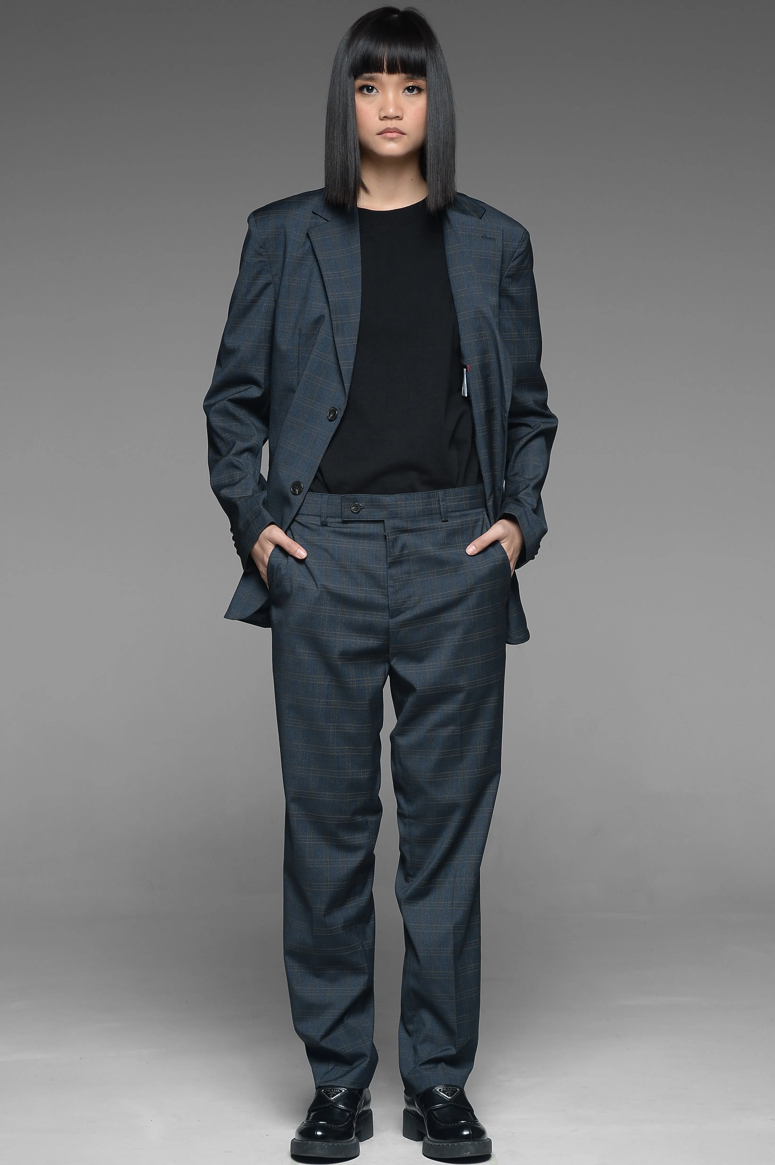 Gray Blue Checkered Suit Set