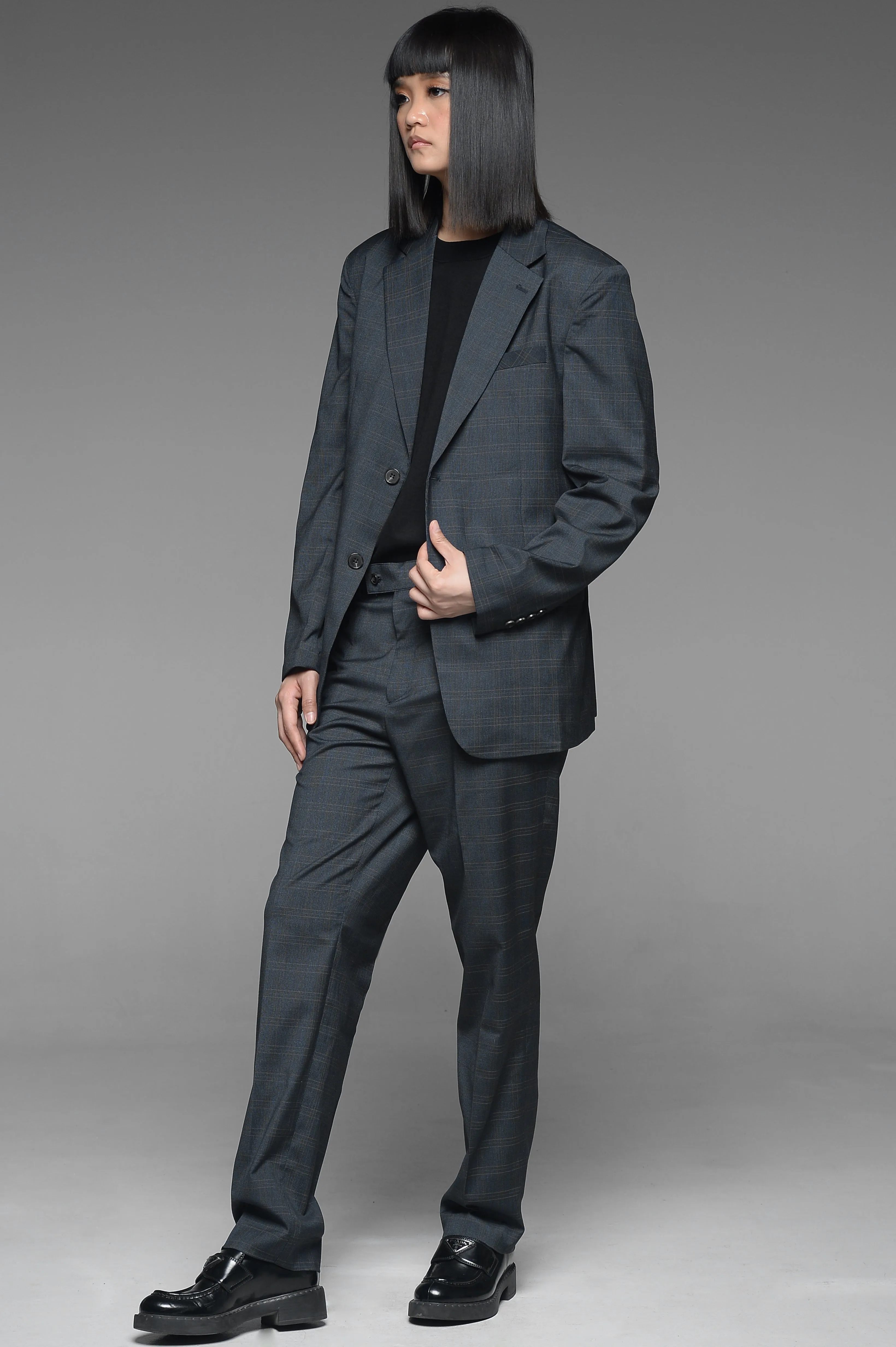 Gray Blue Checkered Suit Set