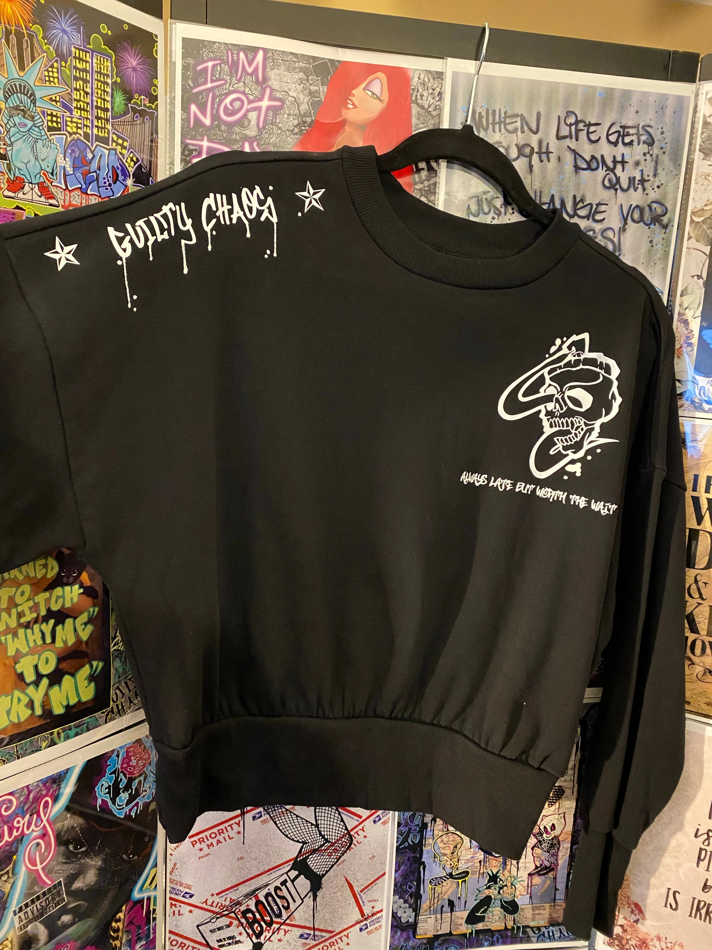Guilty Chaos custom designed crop top sweatshirt SZ. SMALL “Always late but worth the wait” 1of1