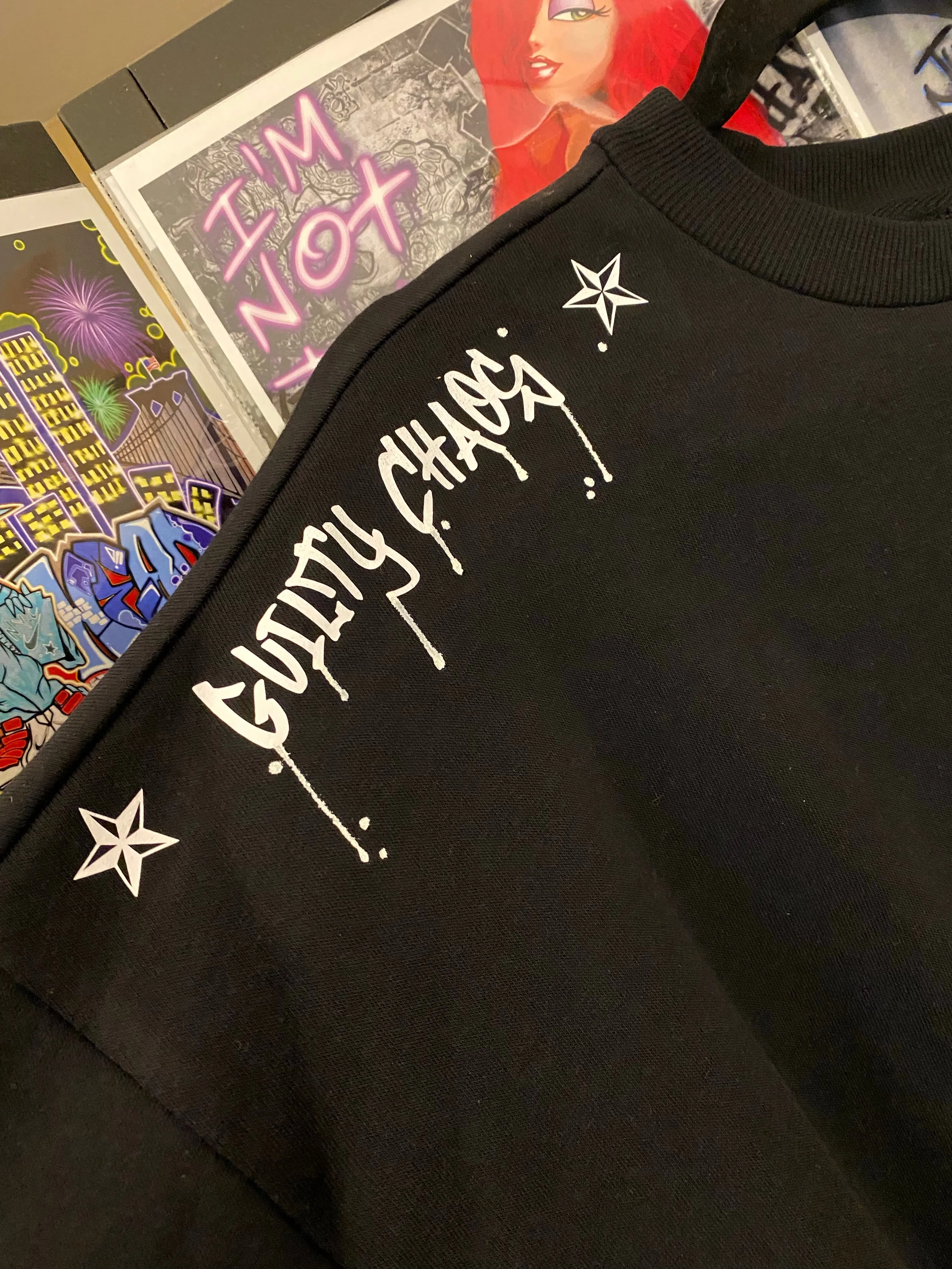 Guilty Chaos custom designed crop top sweatshirt SZ. SMALL “Always late but worth the wait” 1of1