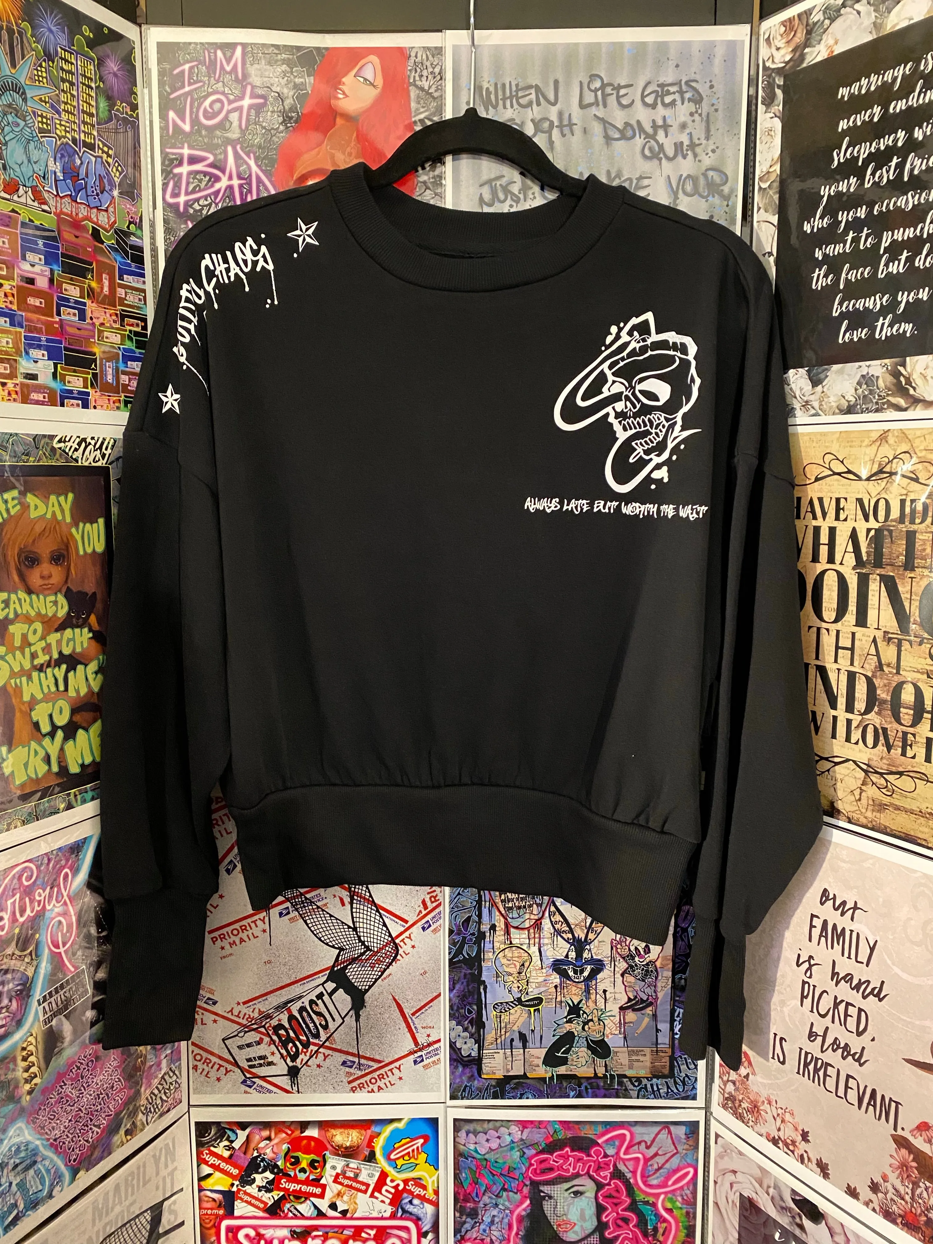 Guilty Chaos custom designed crop top sweatshirt SZ. SMALL “Always late but worth the wait” 1of1