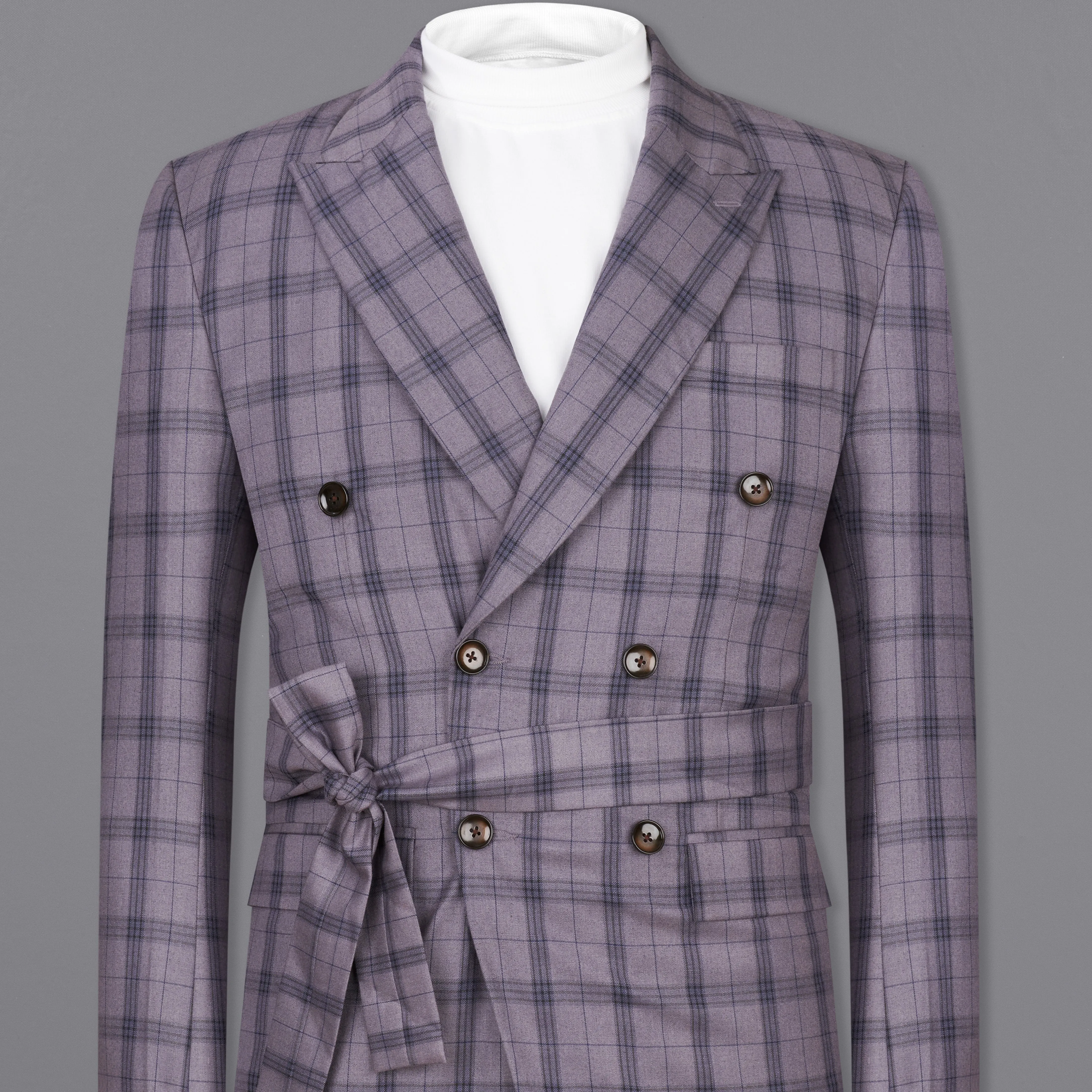 Gunsmoke Purple with Brown Plaid Double Breasted Designer Blazer with Belt Closure