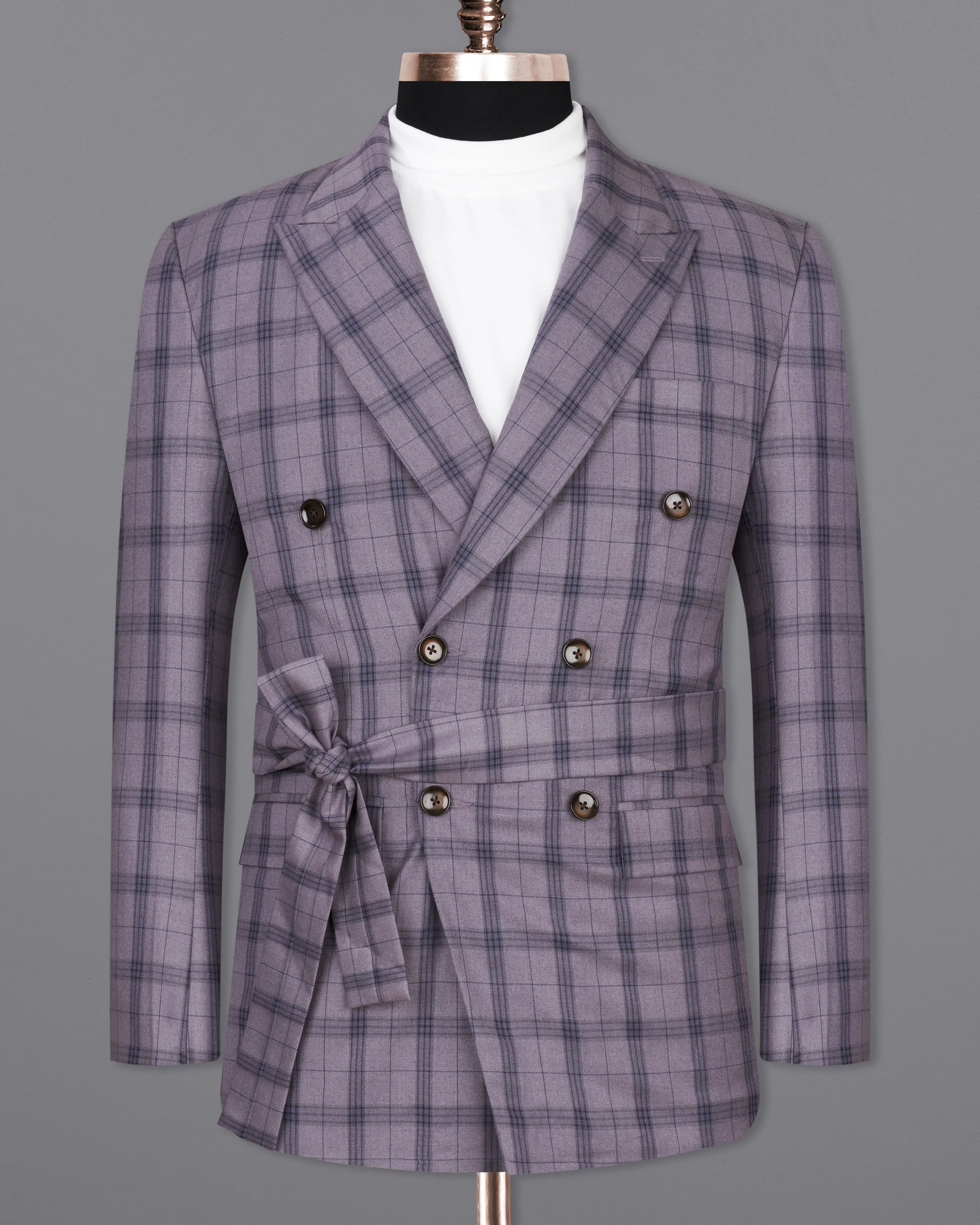 Gunsmoke Purple with Brown Plaid Double Breasted Designer Blazer with Belt Closure