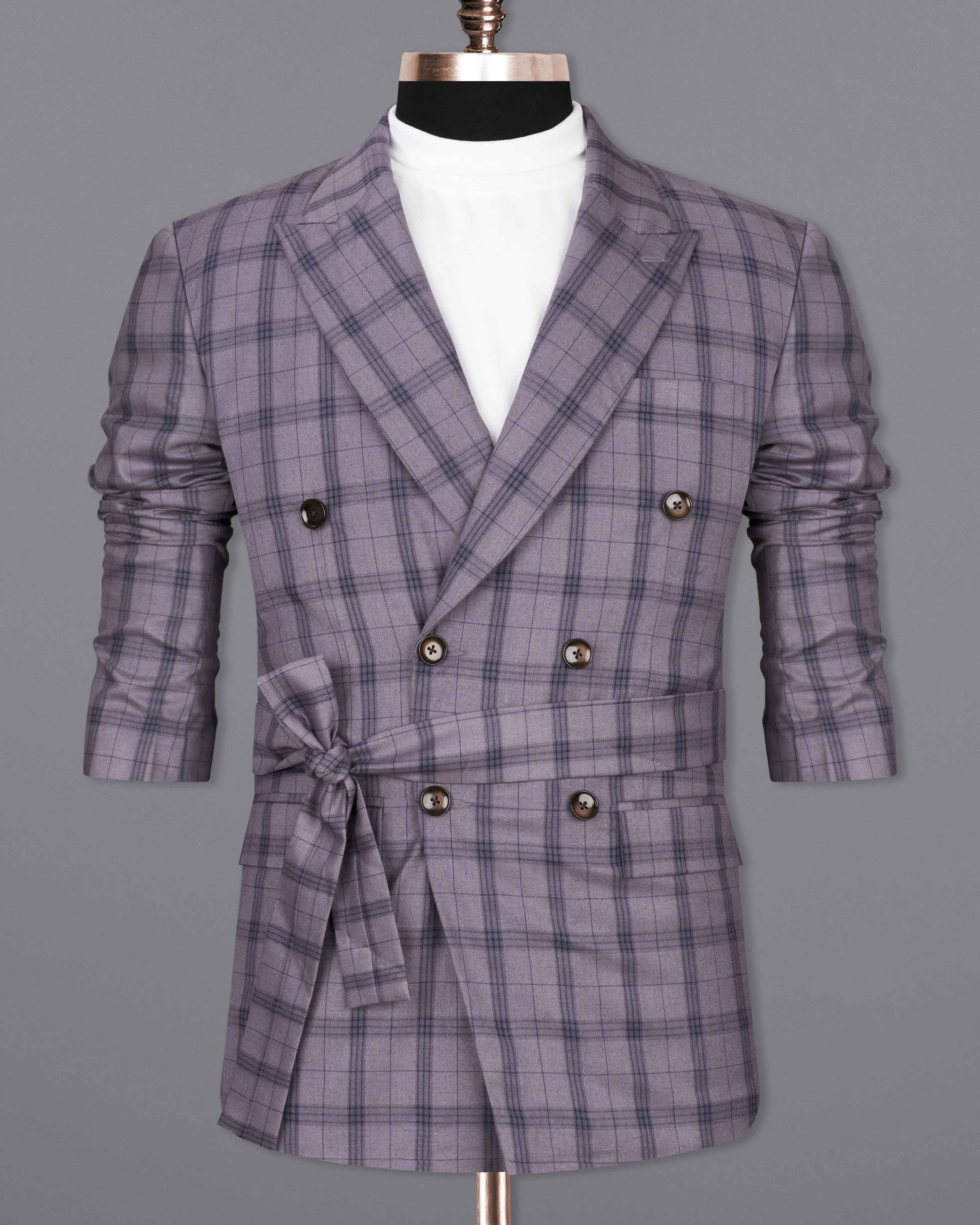 Gunsmoke Purple with Brown Plaid Double Breasted Designer Blazer with Belt Closure