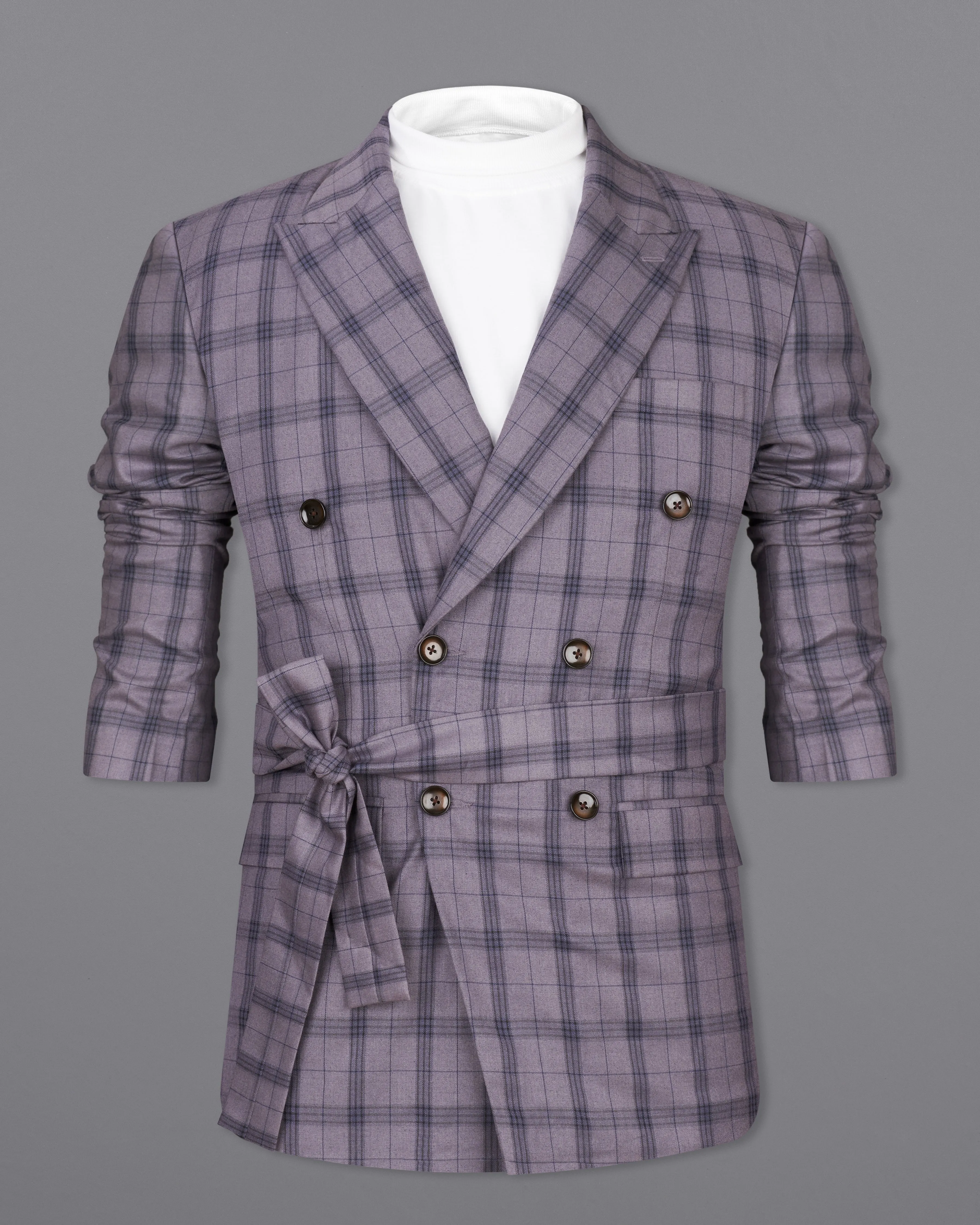 Gunsmoke Purple with Brown Plaid Double Breasted Designer Blazer with Belt Closure