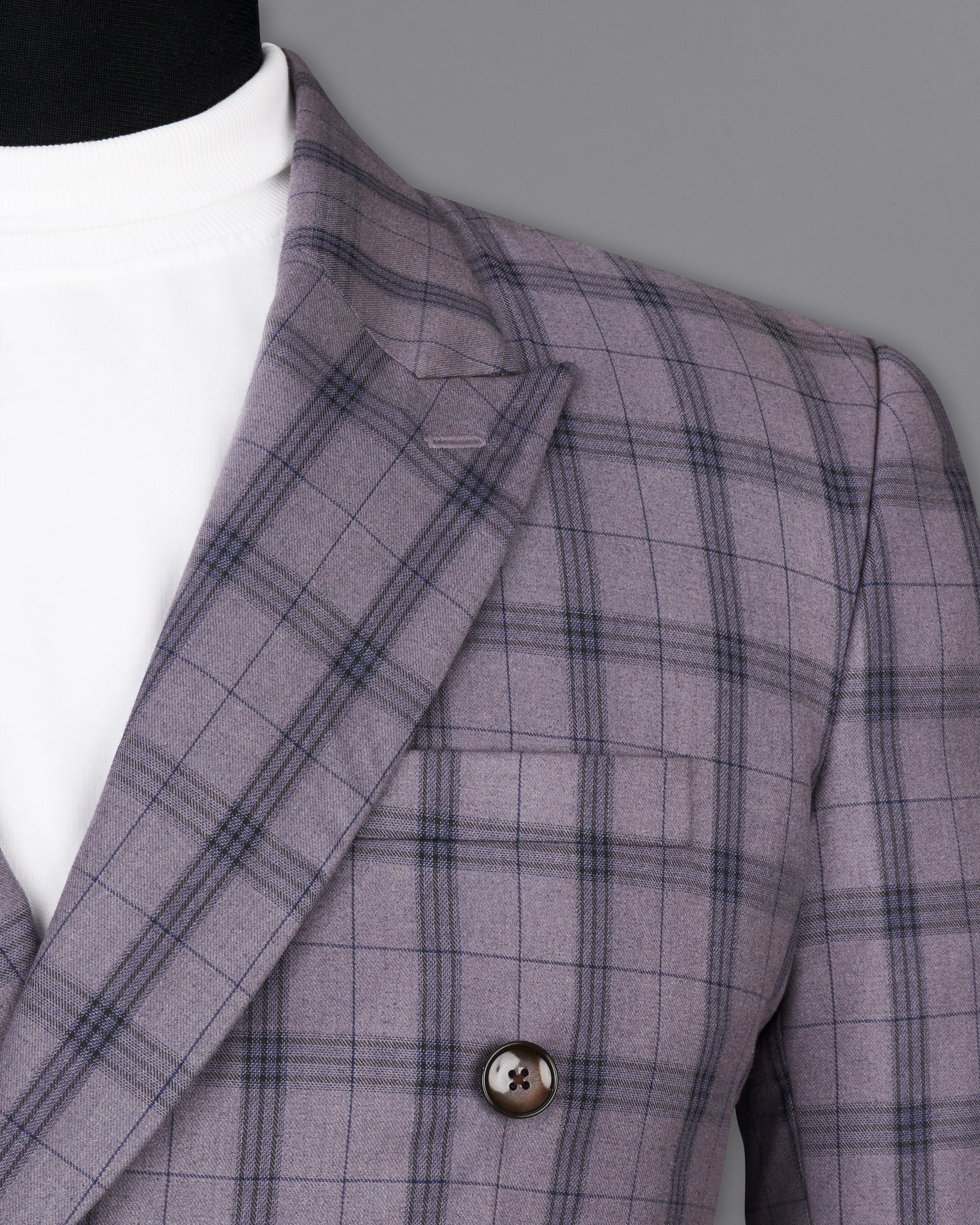 Gunsmoke Purple with Brown Plaid Double Breasted Designer Blazer with Belt Closure