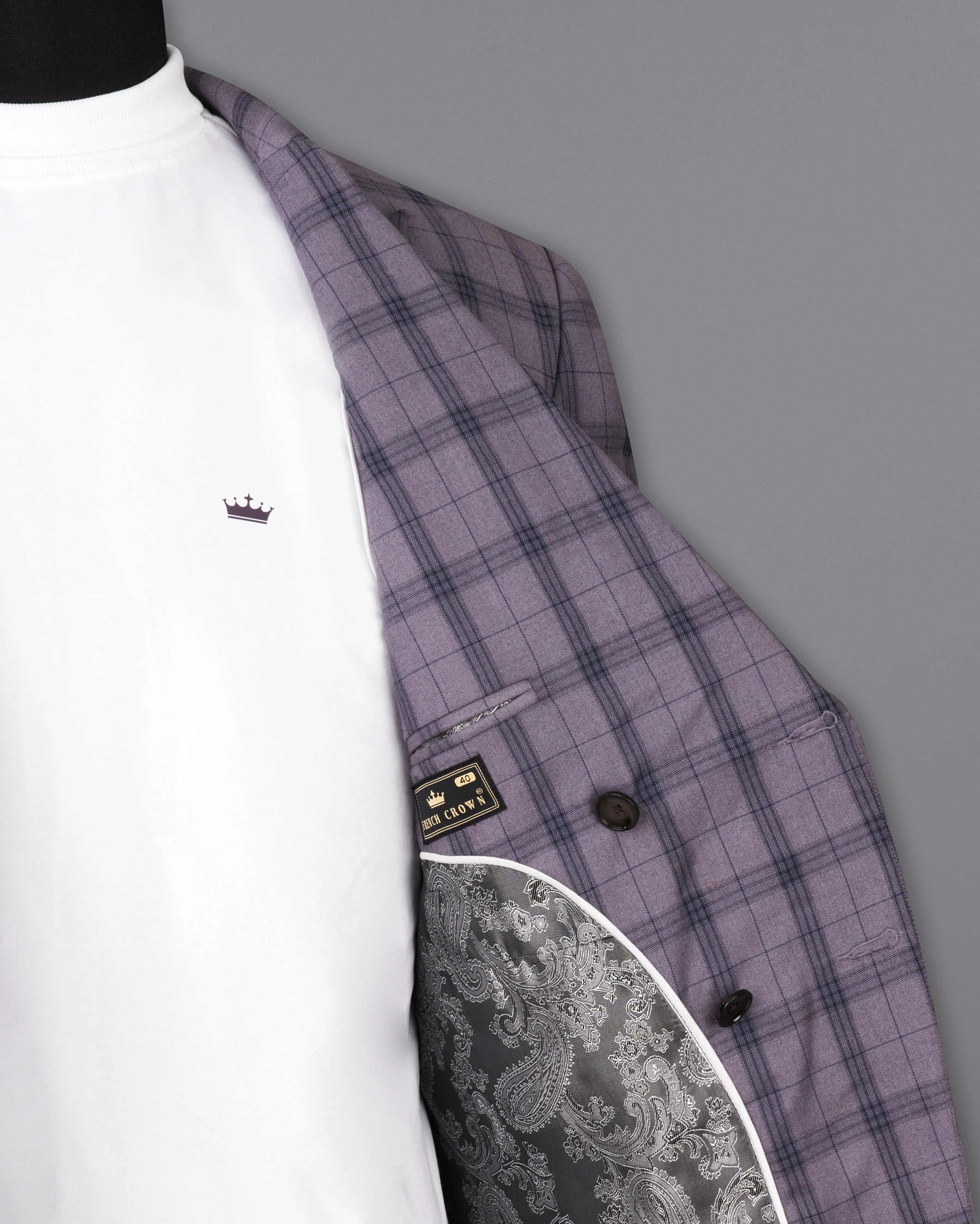 Gunsmoke Purple with Brown Plaid Double Breasted Designer Blazer with Belt Closure