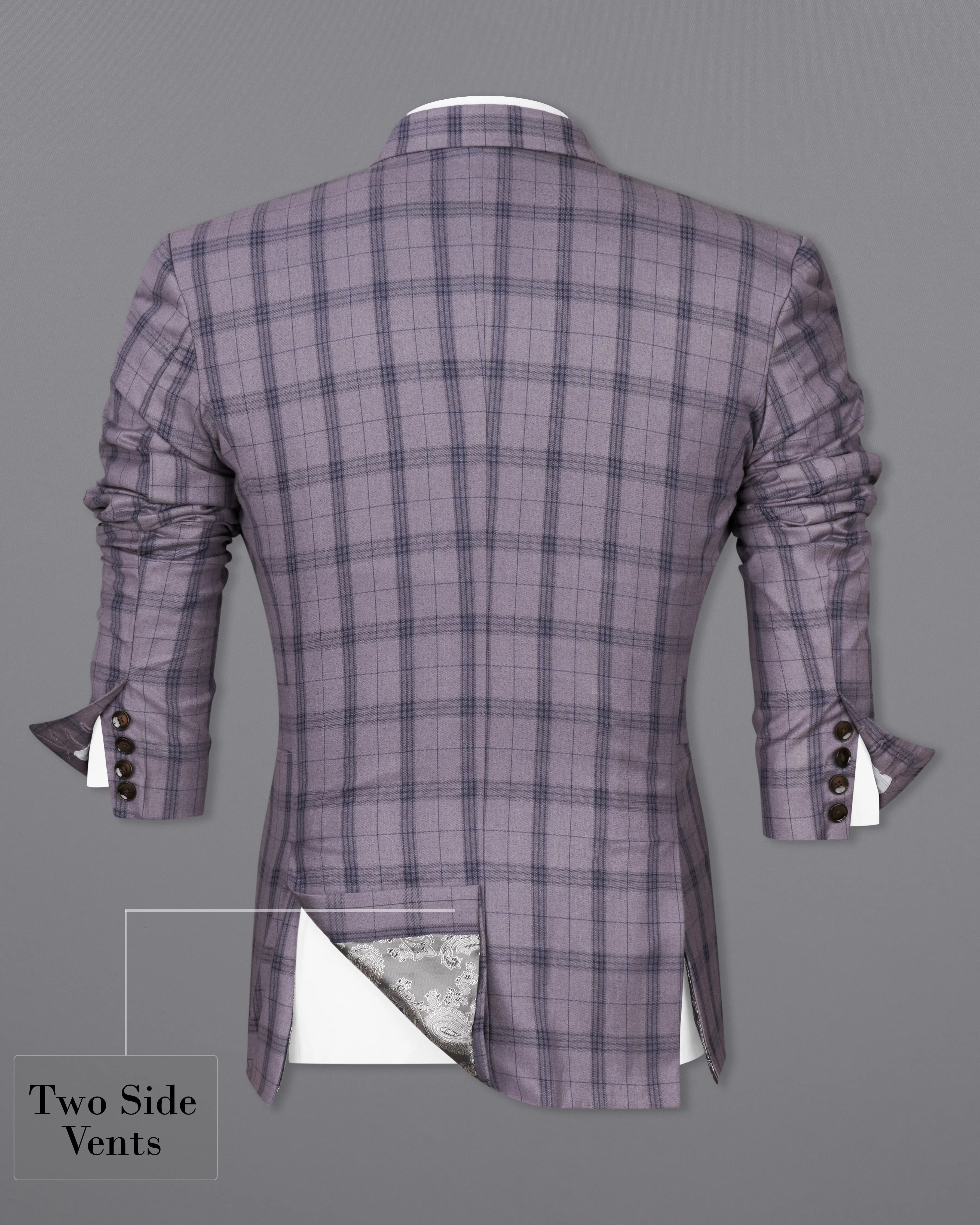 Gunsmoke Purple with Brown Plaid Double Breasted Designer Blazer with Belt Closure