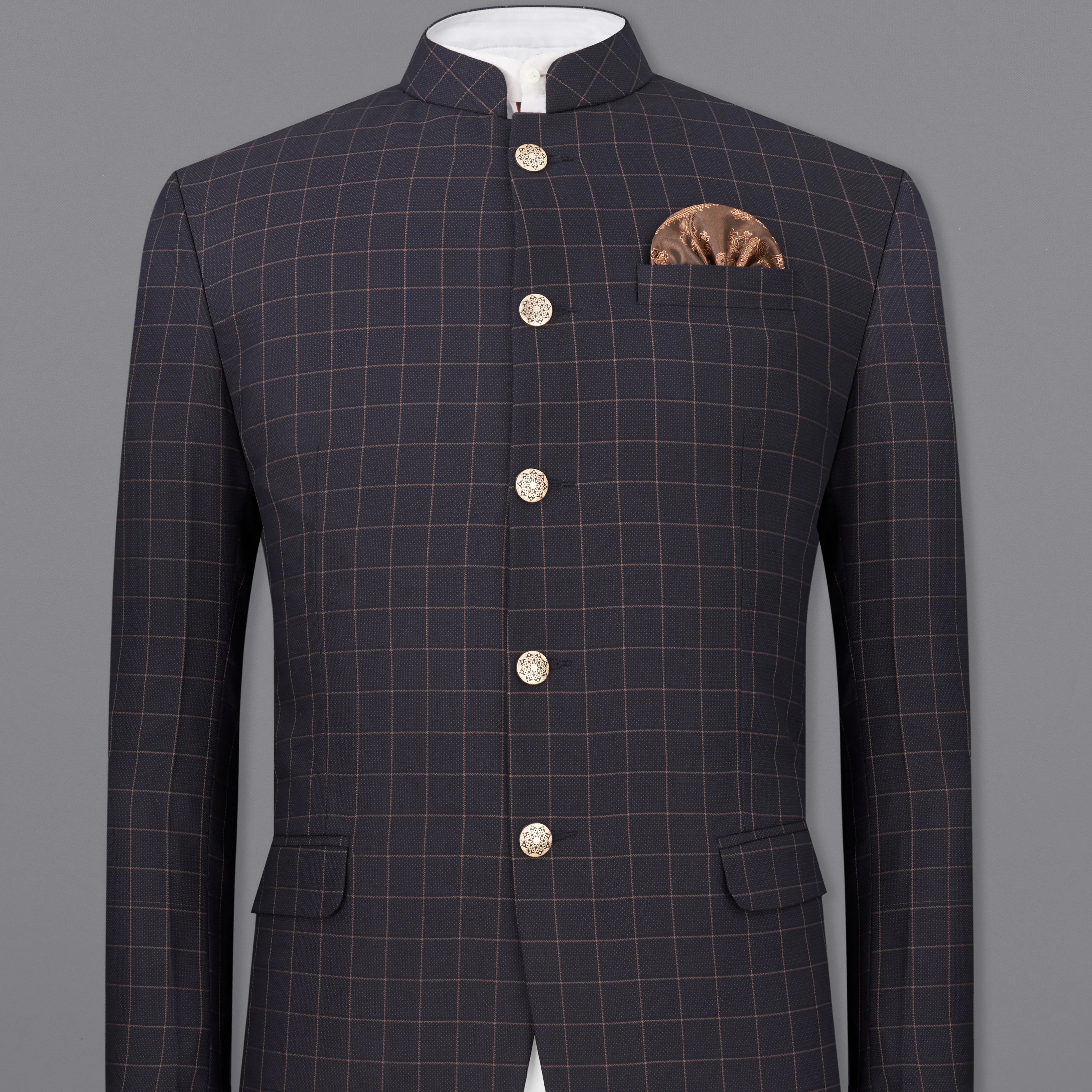 Haiti Navy Blue Checkered Bandhgala Blazer