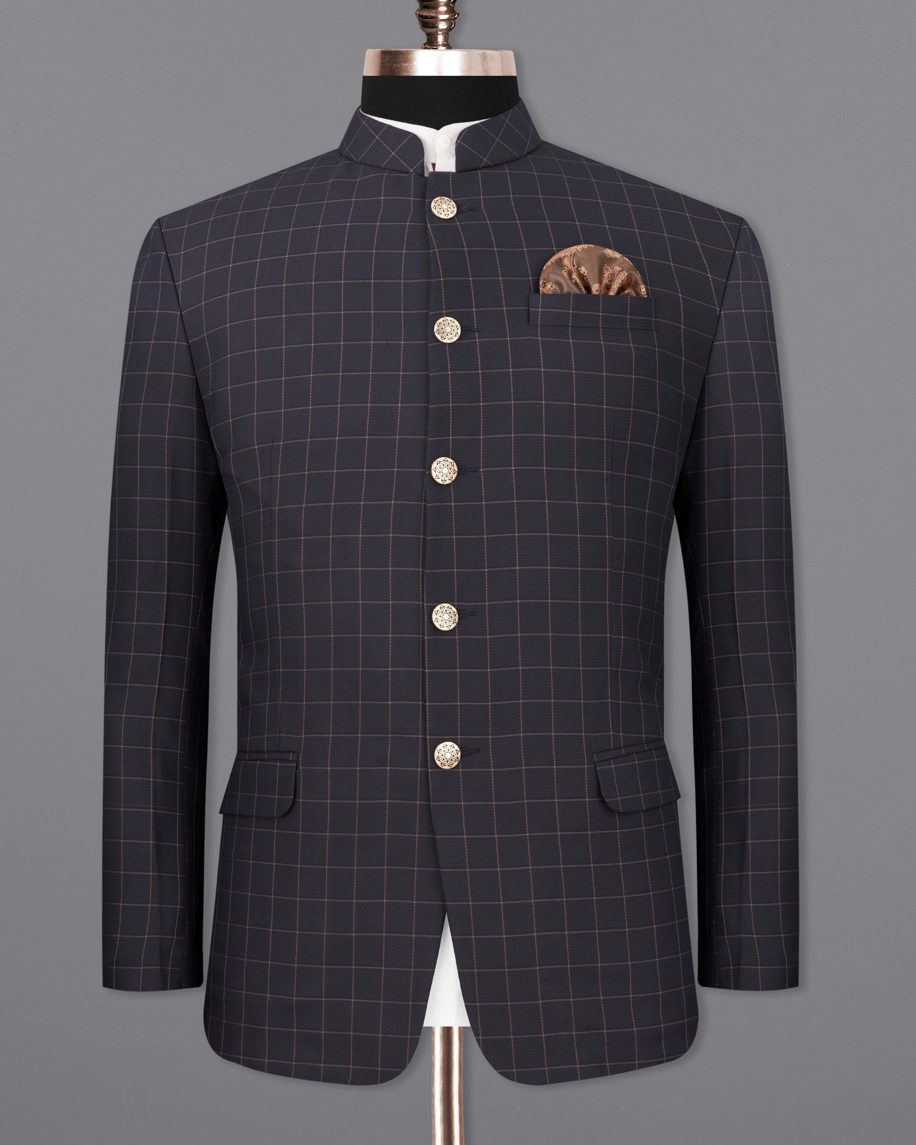 Haiti Navy Blue Checkered Bandhgala Blazer