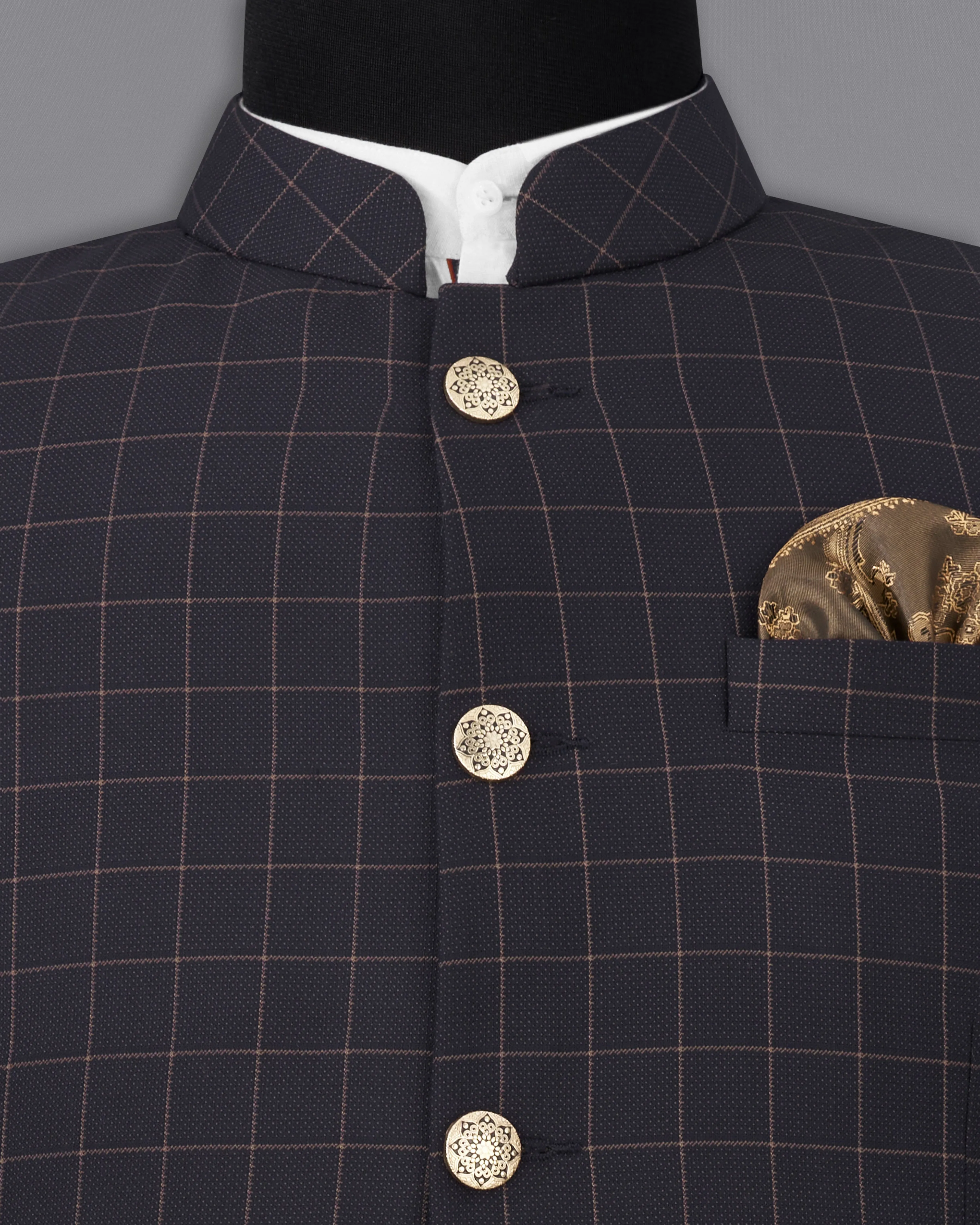 Haiti Navy Blue Checkered Bandhgala Blazer