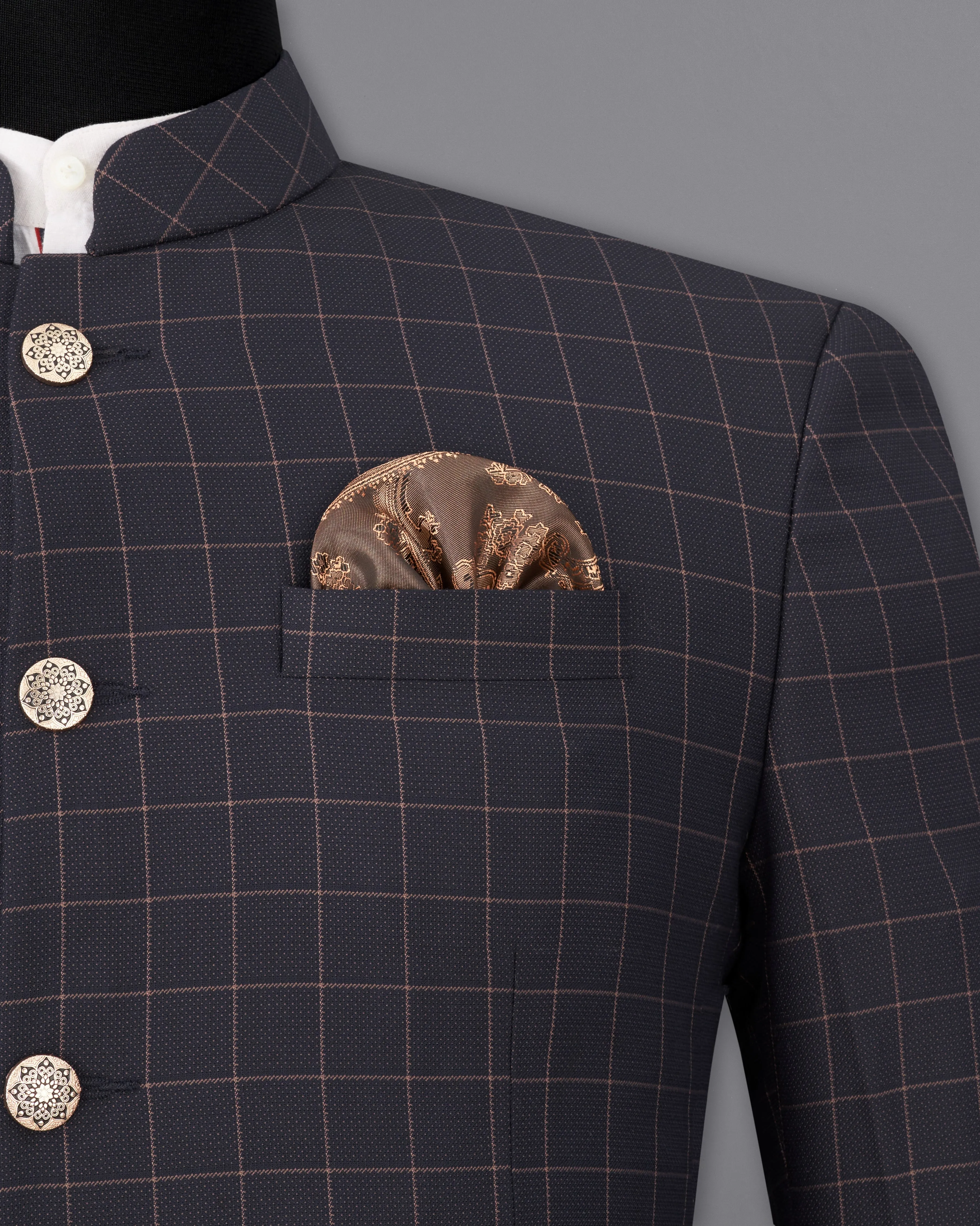 Haiti Navy Blue Checkered Bandhgala Blazer