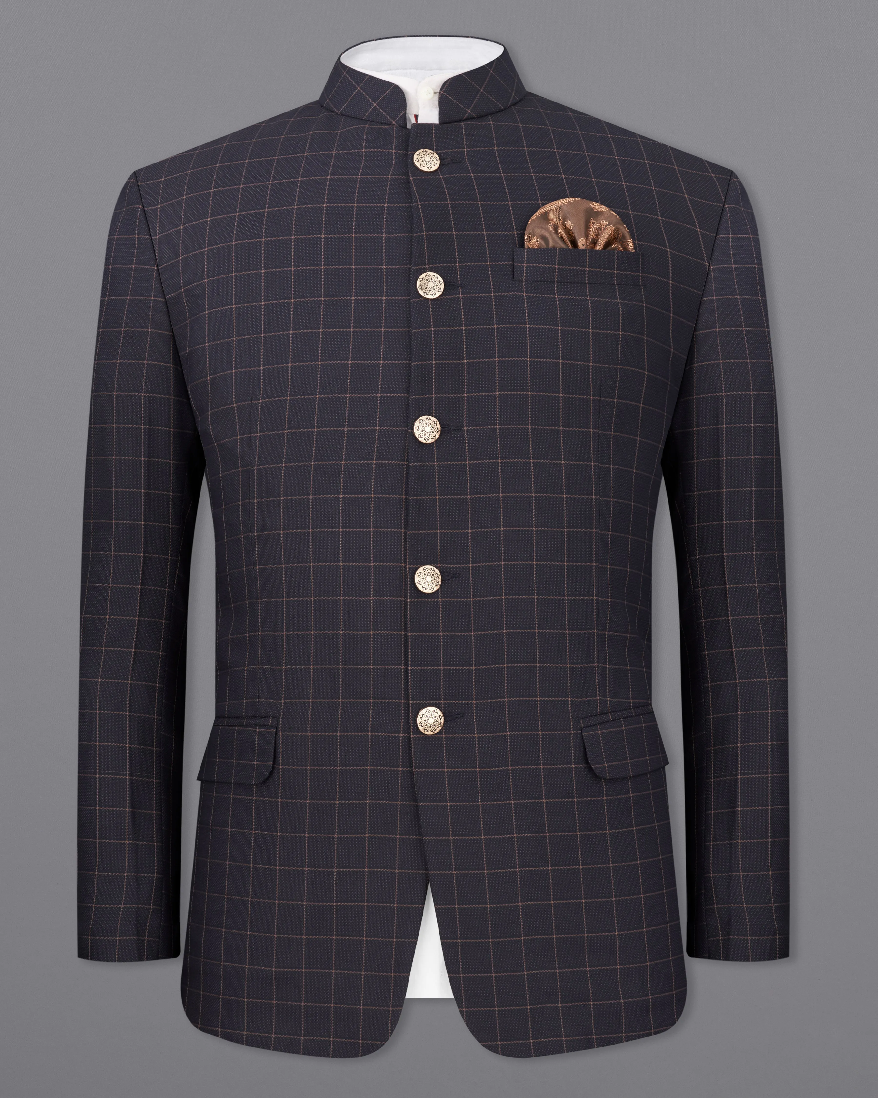 Haiti Navy Blue Checkered Bandhgala Blazer