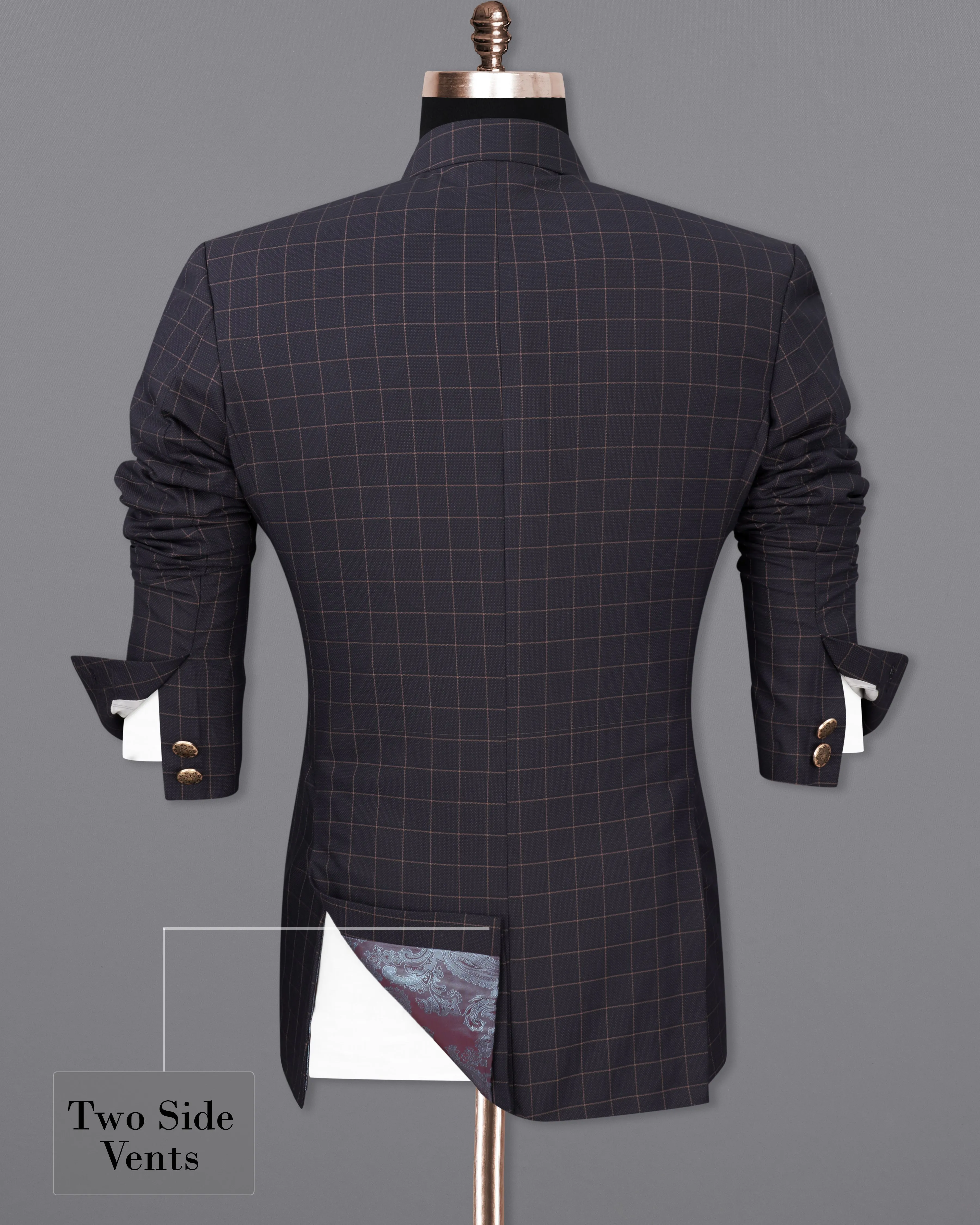 Haiti Navy Blue Checkered Bandhgala Blazer