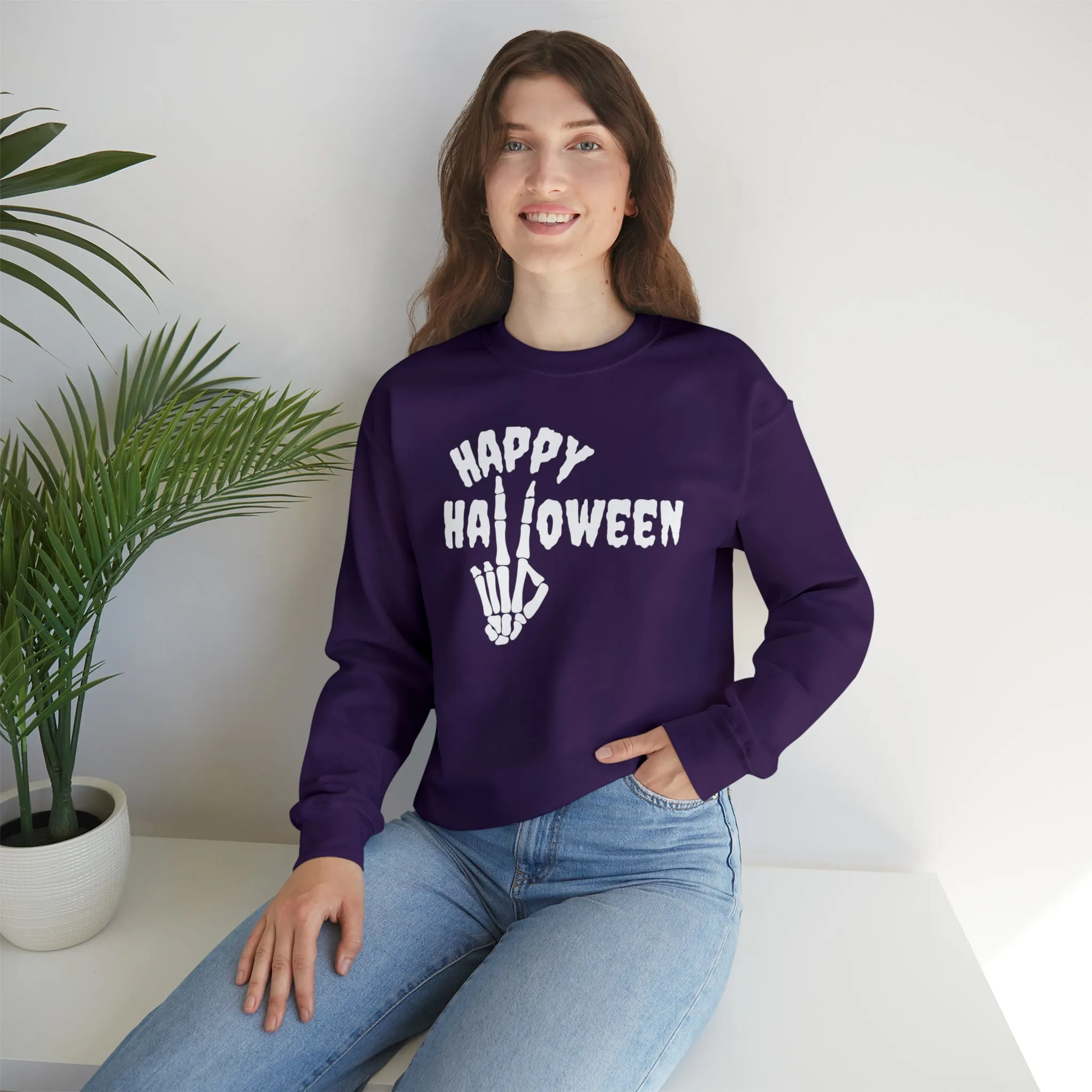 Happy Halloween Skeleton Sweatshirt, Scary Peace Pullover, Creepy Halloween Crewneck Sweatshirt, Unisex Heavy Blend Sweatshirt