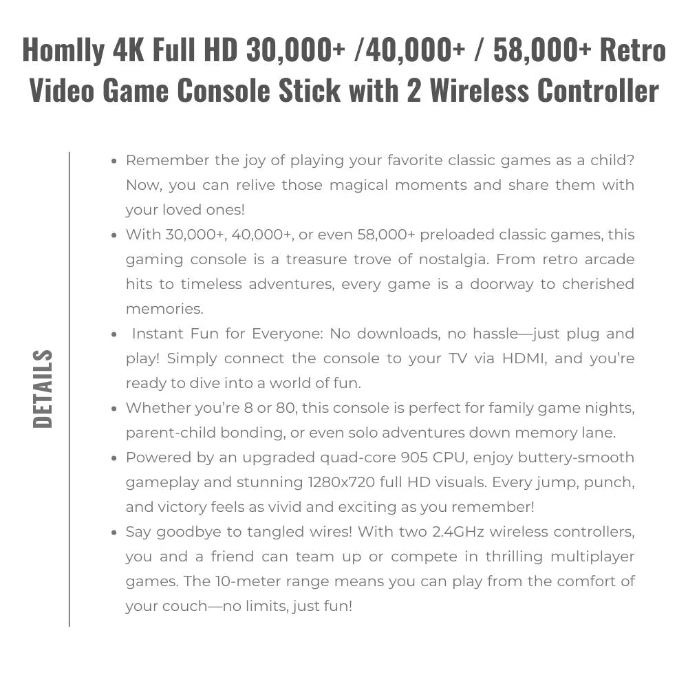 Homlly 4K Full HD 30,000  /40,000  / 58,000  Retro Video Game Console Stick with 2 Wireless Controller