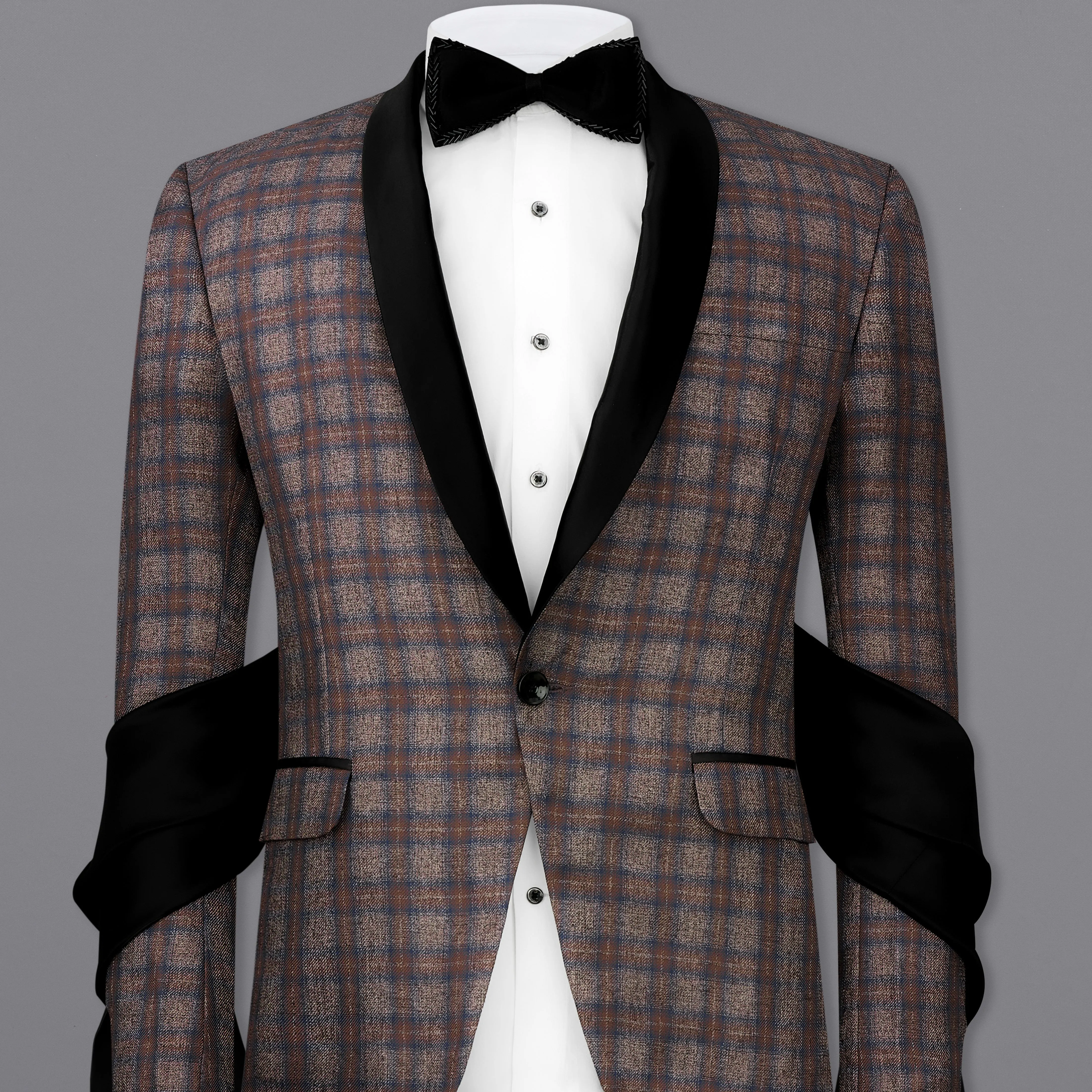Hurricane Brown Plaid Tuxedo Designer Blazer with Shawl