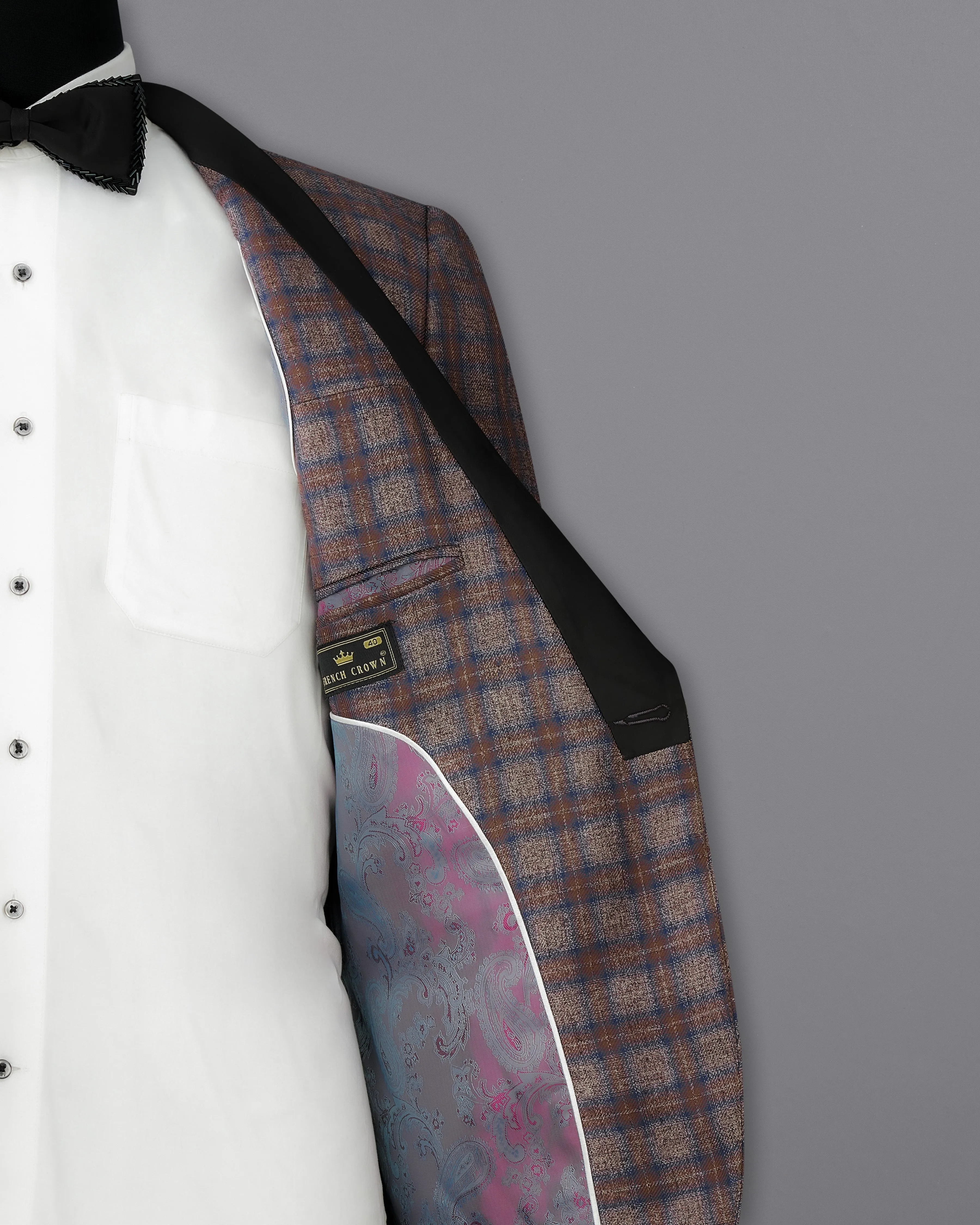 Hurricane Brown Plaid Tuxedo Designer Blazer with Shawl