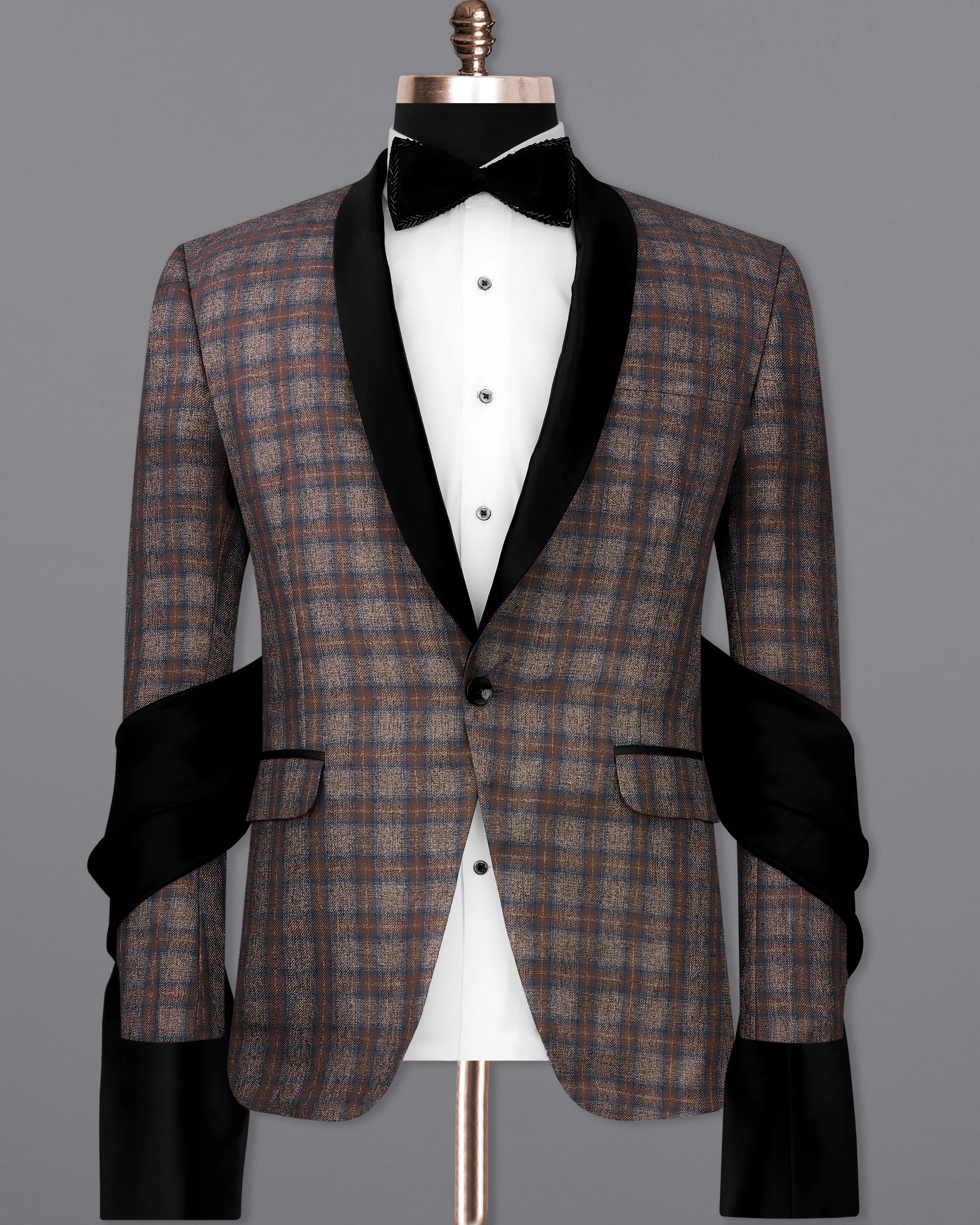 Hurricane Brown Plaid Tuxedo Designer Blazer with Shawl