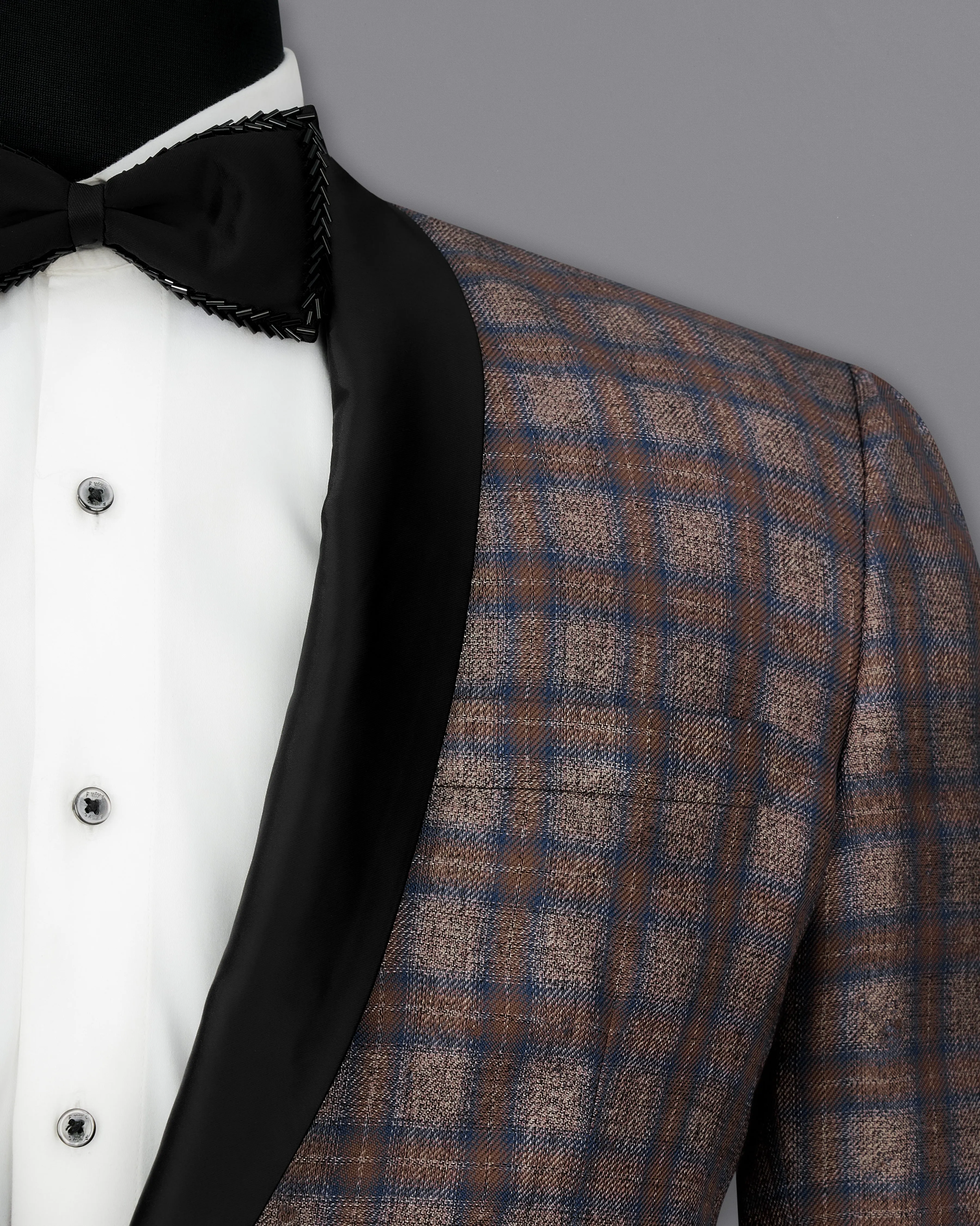 Hurricane Brown Plaid Tuxedo Designer Blazer with Shawl
