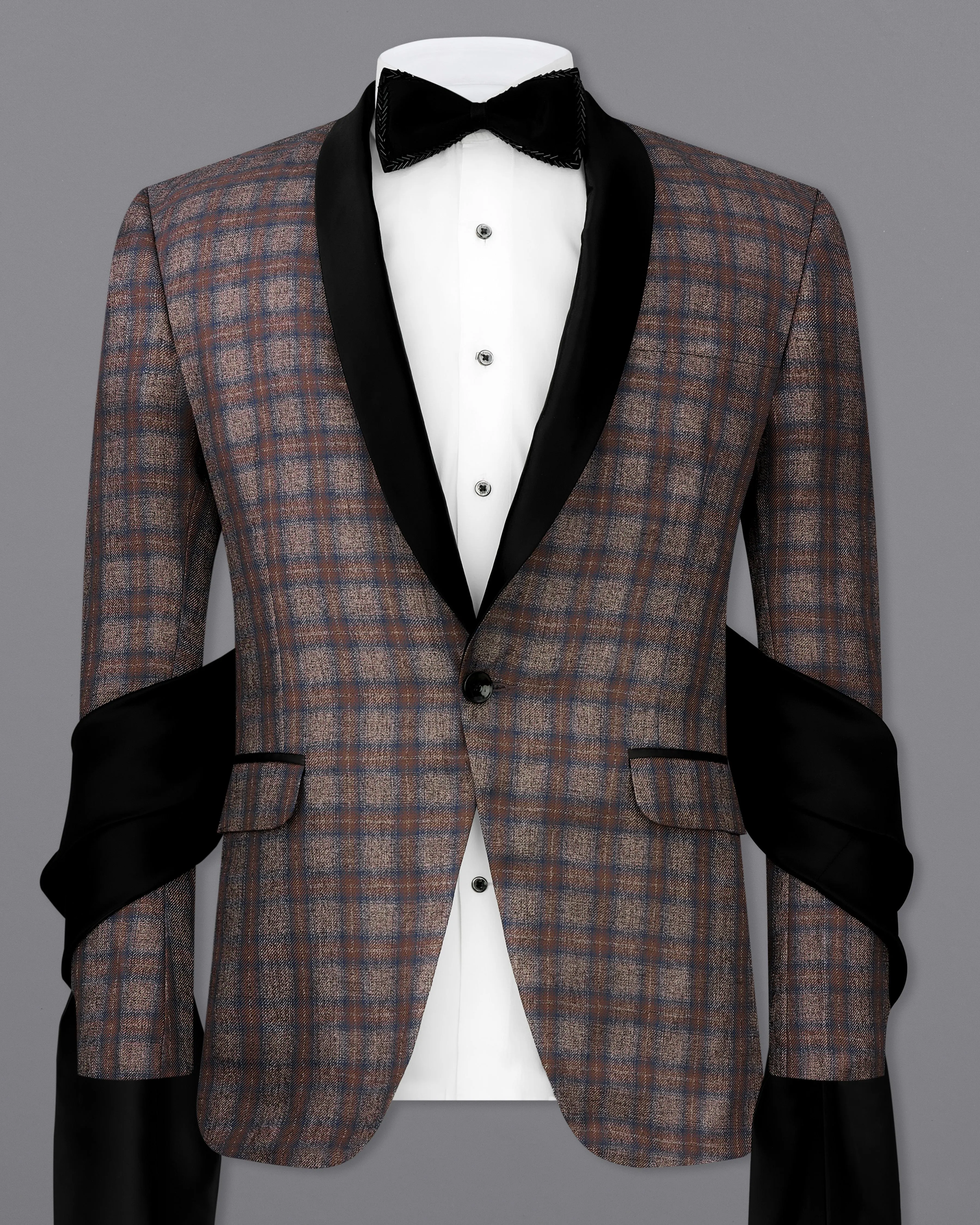 Hurricane Brown Plaid Tuxedo Designer Blazer with Shawl