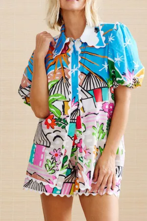 HUZ1069 Resort Print Puff Sleeve Shirt & Shorts Set