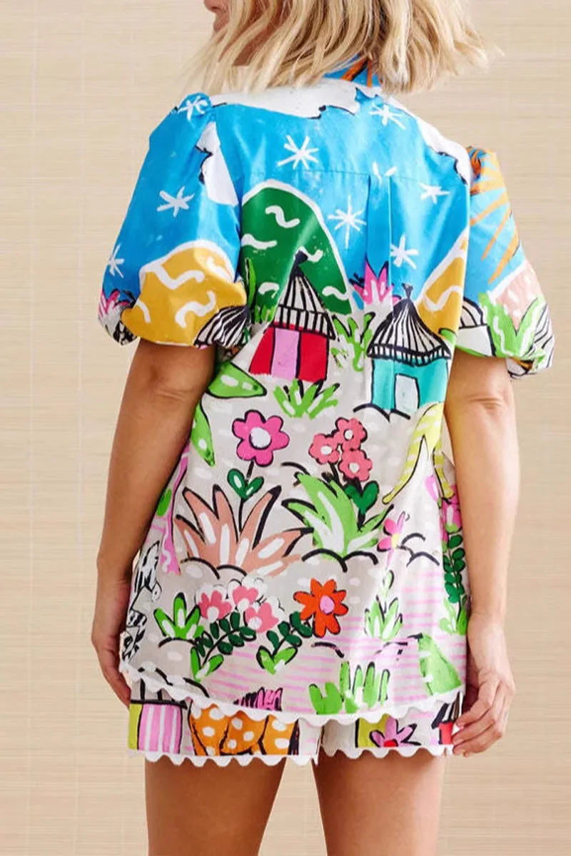 HUZ1069 Resort Print Puff Sleeve Shirt & Shorts Set